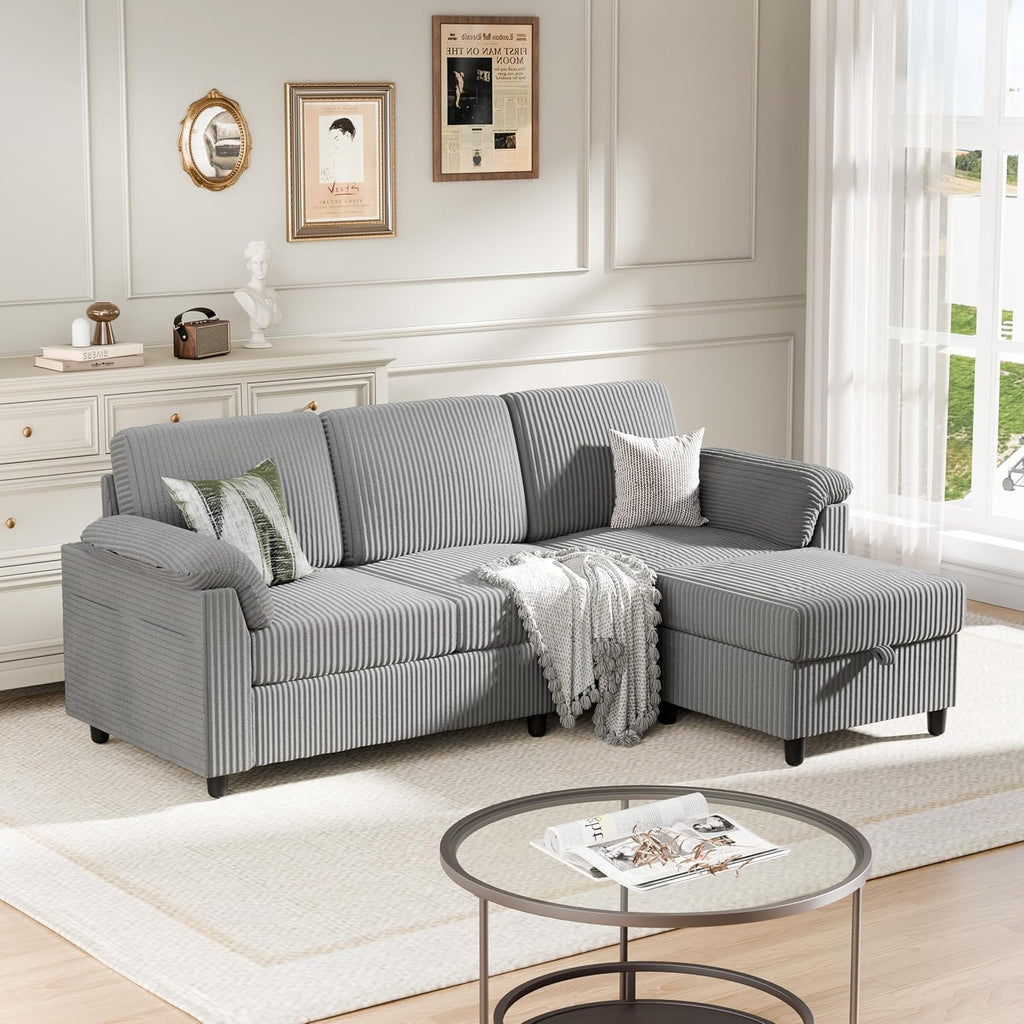 Sectional Sofa Couch for Living Room, 79' Sectional Couches with Storage Ottoman, L Shaped Couch with Sloping Armrests, 3-Seat Sofa Couches for Small Space, Light Grey | Breathable Material