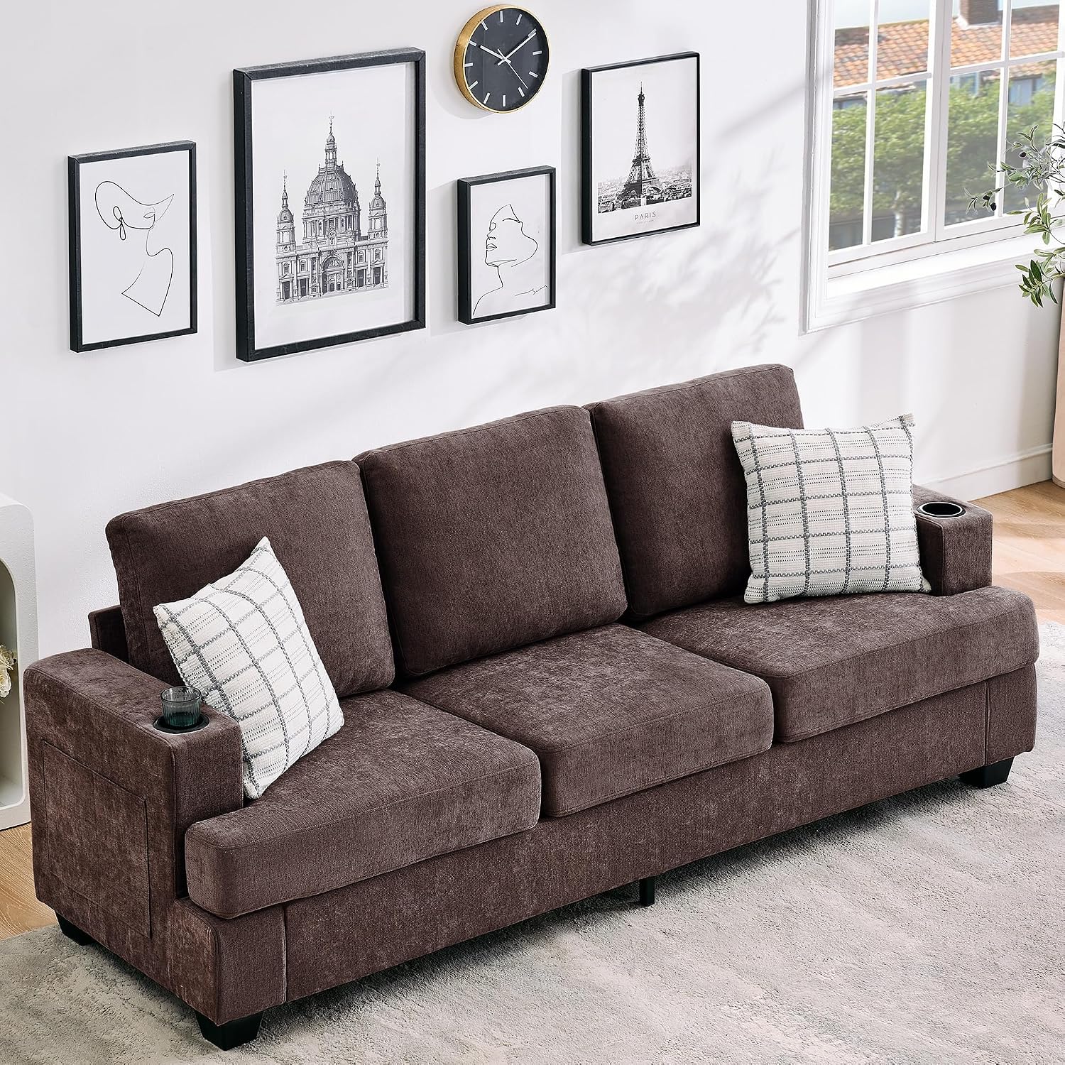 GarveeHome Modern 89 in 3-Seater Sofa for Living Room, Comfy Couches with Deep Seat, Chenille Couch with Cup Holders and Side Storage Pockets for Apartment Lounge, Brown