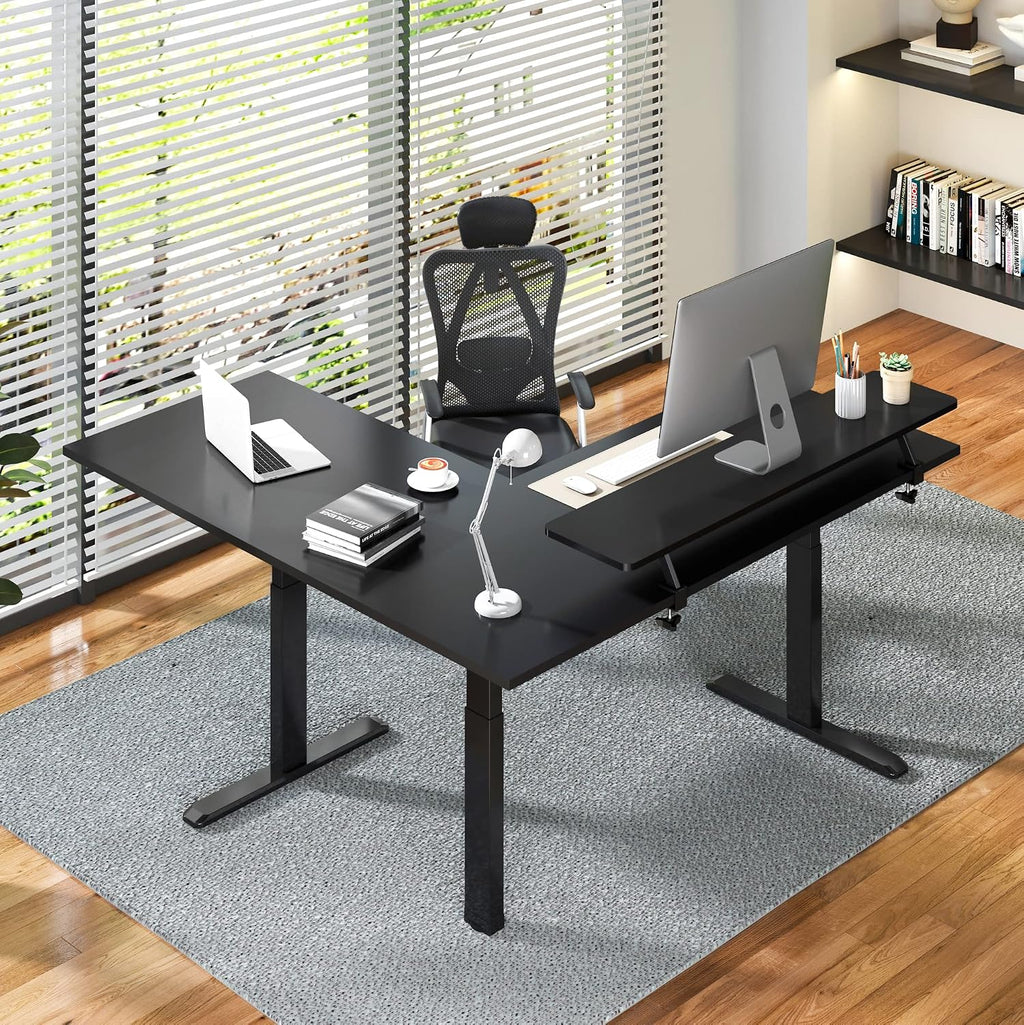 Stand Steady Tranzendesk Power | Extra Large 71 Inch Electric L-Shaped Standing Desk | Giant Corner Stand Up Desk & Sit Stand Workstation| Ergonomic Computer Desk Fits 4 Monitors (Black/71in)