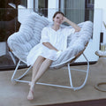 Papasan Rocking Chair, Rattan Rocking Chair, Oversized Outdoor Chair with Deep Seat Thick Cushion, Patio Rocking Chair for Bedroom/Porch/Garden (Light Grey & White)