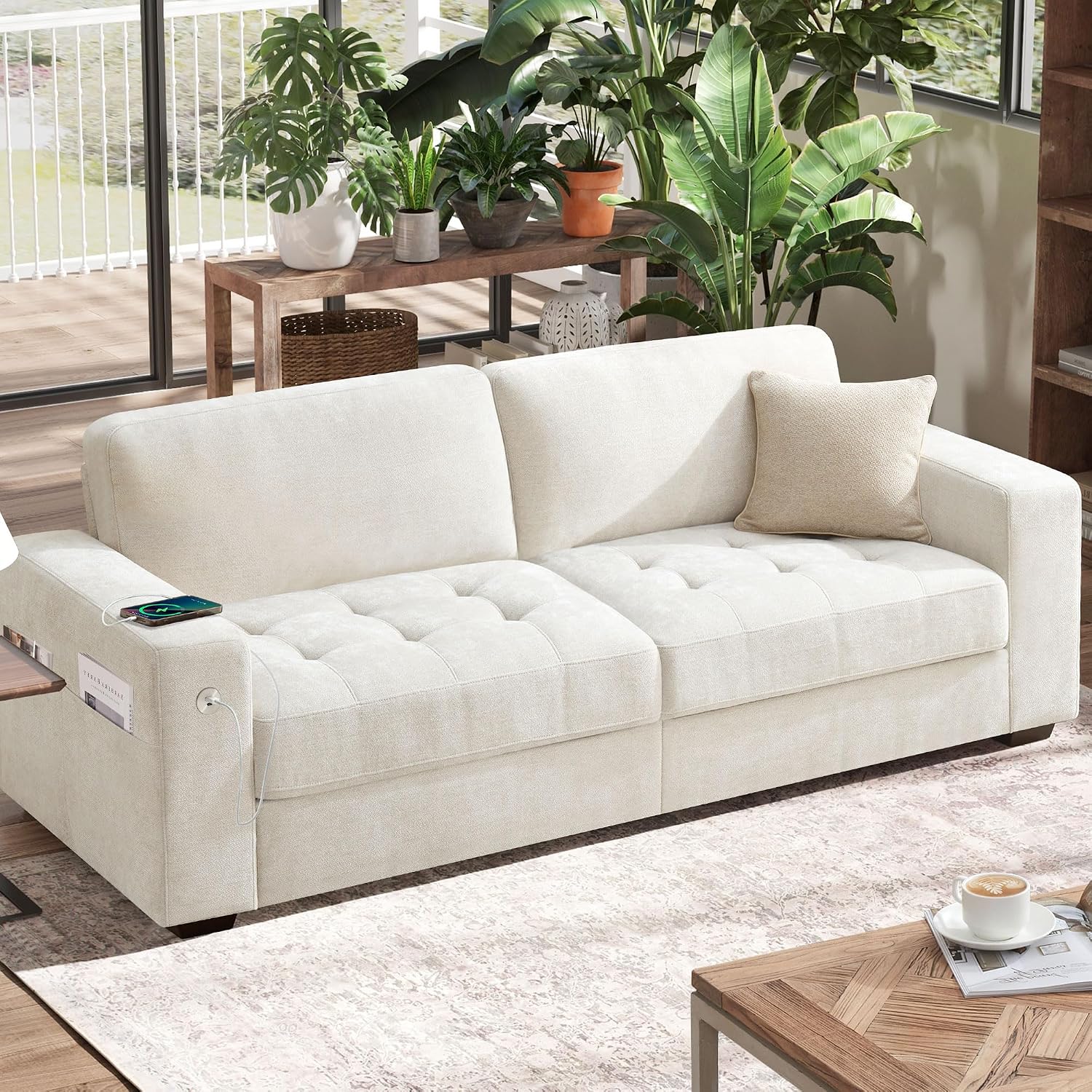 Hanherry 89' Sofa for Living Room, Modern Comfy Sofa with Medium Firm Seat Cushion, Removable Cover,Wide Armrest,USB/Type-C Port,Chenille Fabric Couches for Small Space,Apartment