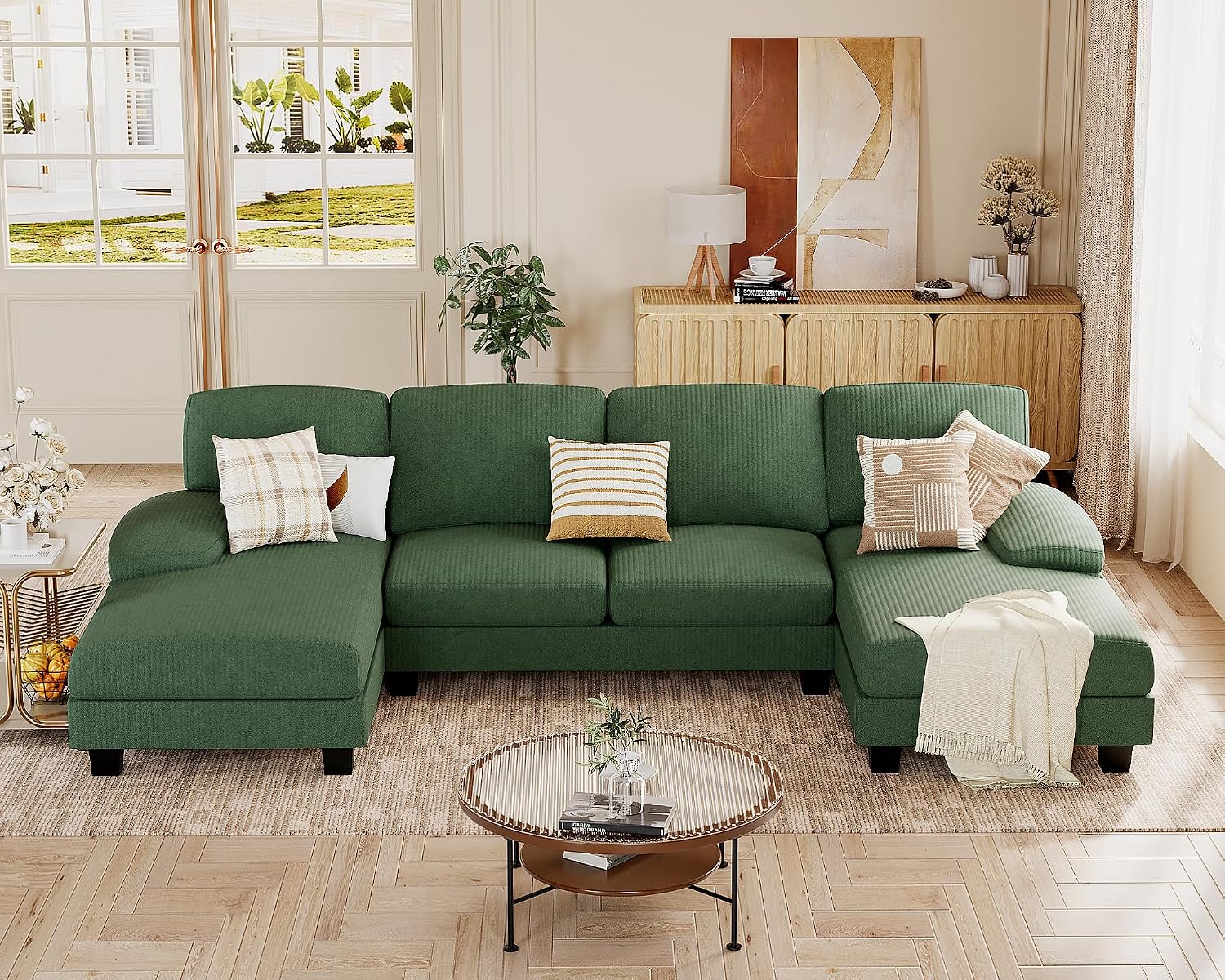 JUMMICO Sectional Couches for Living Room, U Shaped Couch with Chenille Fabric, 4 Seat Modern Sofa with Removable Pillows for Apartment and Small Space (Corduroy, Light Green)