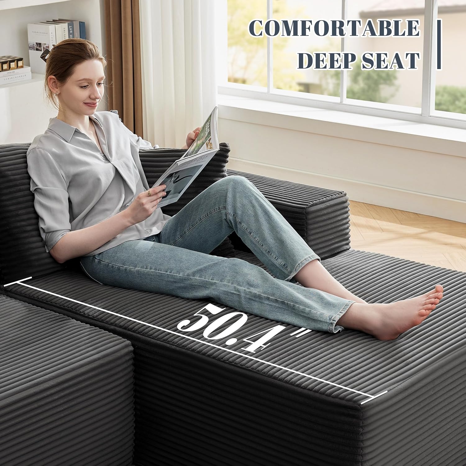 Mangodan 110' Cloud Sectional Couch, Boneless Sofa for Living Room, Modular Sectional Sofa with Deep Seat, Fluffy Couch with L-Shaped Chaise, No Assembly Required (Right-Facing Chaise, Dark Grey)