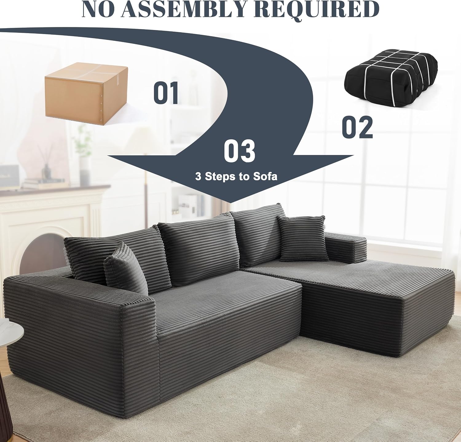 Mangodan 110' Cloud Sectional Couch, Boneless Sofa for Living Room, Modular Sectional Sofa with Deep Seat, Fluffy Couch with L-Shaped Chaise, No Assembly Required (Right-Facing Chaise, Dark Grey)