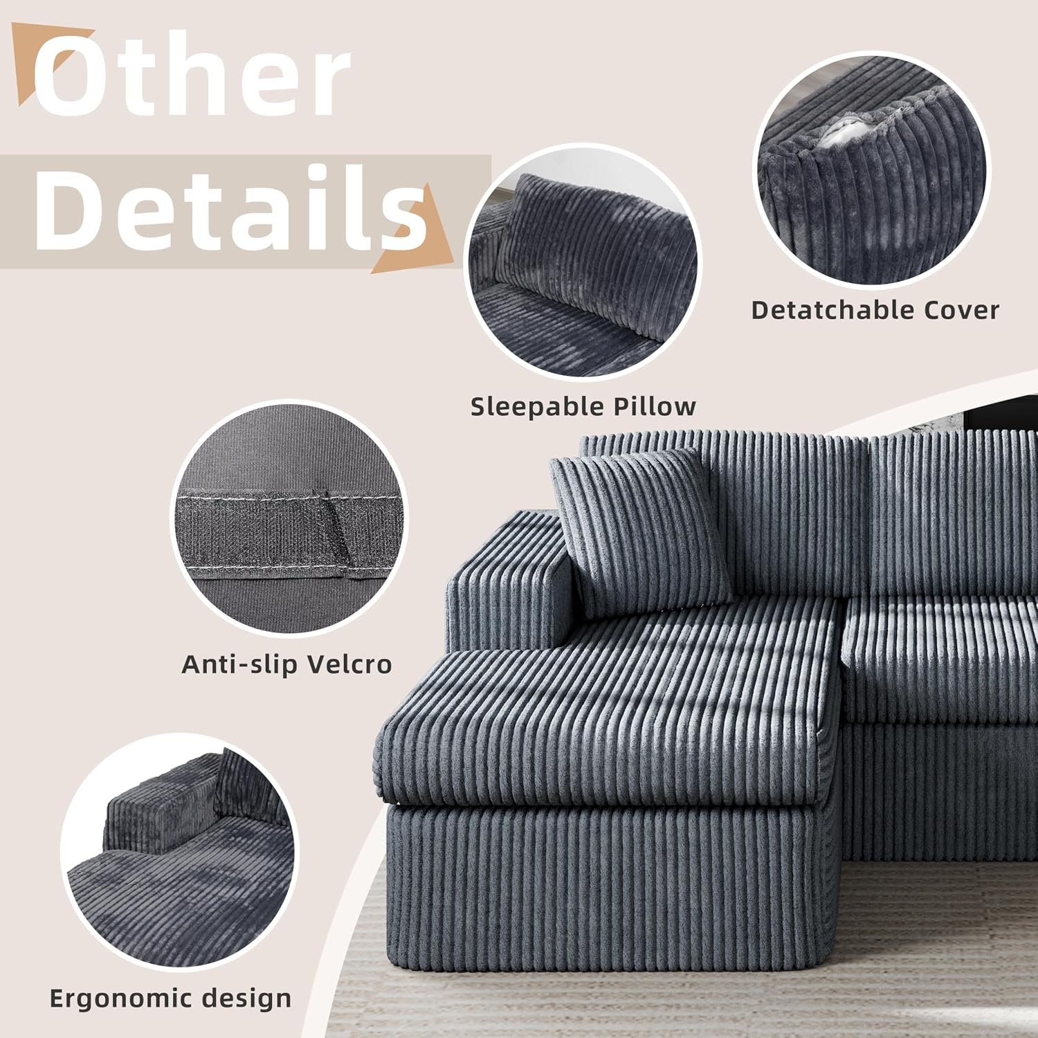 Shintenchi 105' Modular Sectional Sofa, Boneless L Shaped Couch with Deep Seat, Cloud Foam Couch with Oversized Chaise, Plush Cordurory Sofa No Assembly Needed for Living Room, Dark Gray