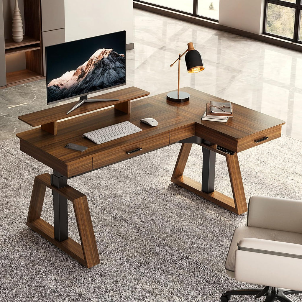 EUREKA ERGONOMIC 63' L-Shaped Standing Desk, Solid Walnut Top, Dual Drawers, Height Adjustable Executive Desk with Monitor Stand, Right, Walnut
