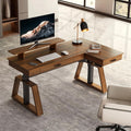 EUREKA ERGONOMIC 63' L-Shaped Standing Desk, Solid Walnut Top, Dual Drawers, Height Adjustable Executive Desk with Monitor Stand, Right, Walnut