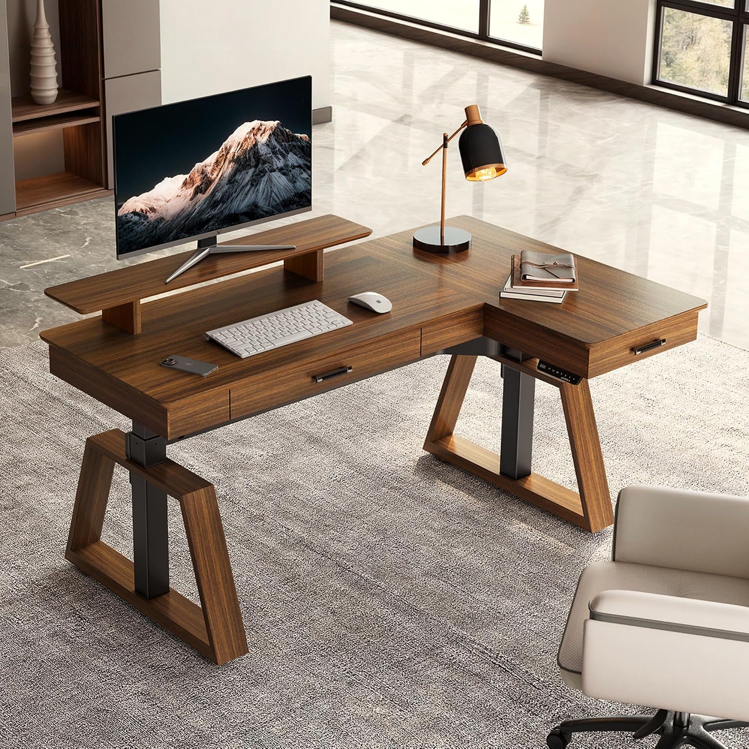 EUREKA ERGONOMIC 63' L-Shaped Standing Desk, Solid Walnut Top, Dual Drawers, Height Adjustable Executive Desk with Monitor Stand, Right, Walnut