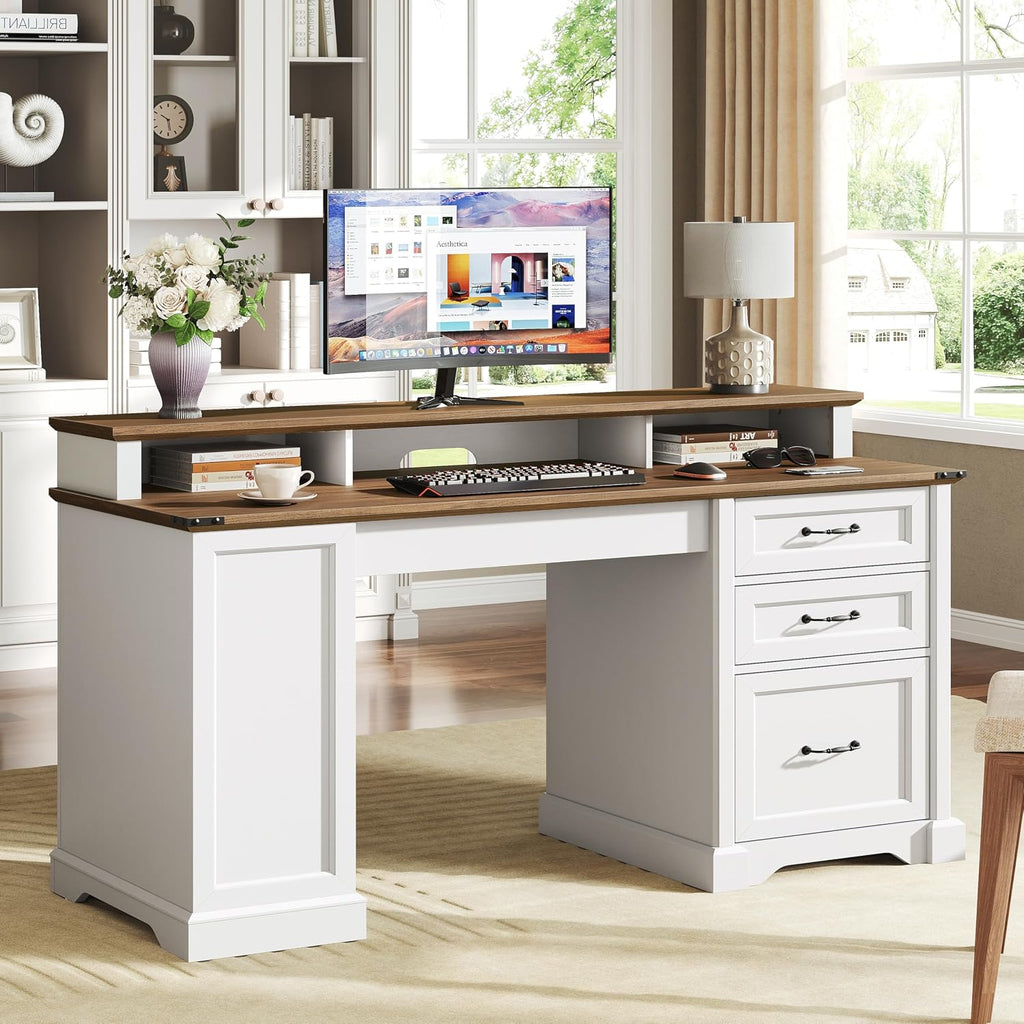 RALGEND 2 Pack 55'' Farmhouse Executive Desk with Drawers, Computer Desk with File Cabinet and Side Bookshelf, Writing Gaming Desk with Monitor Stand, White and Walnut