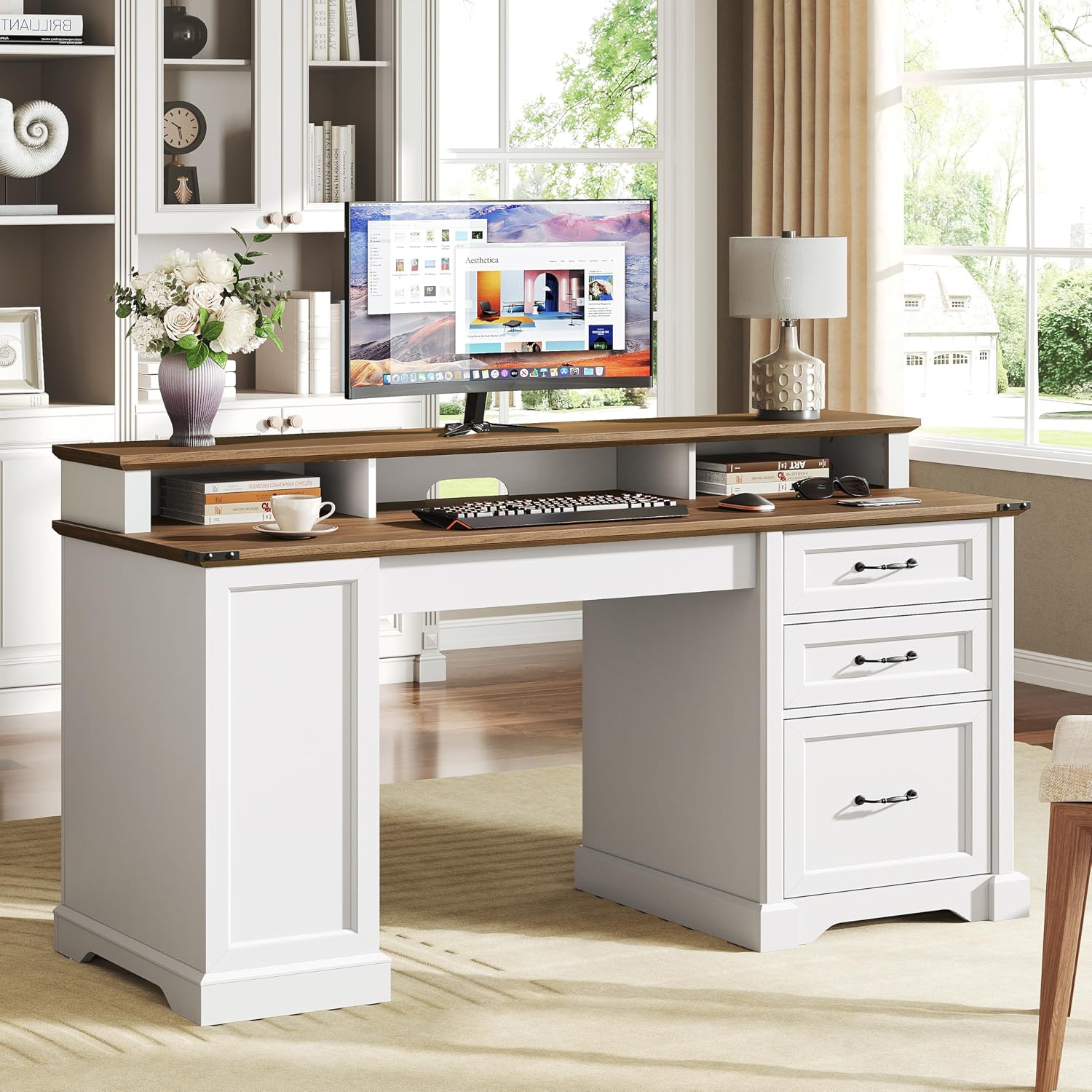 RALGEND 2 Pack 55'' Farmhouse Executive Desk with Drawers, Computer Desk with File Cabinet and Side Bookshelf, Writing Gaming Desk with Monitor Stand, White and Walnut