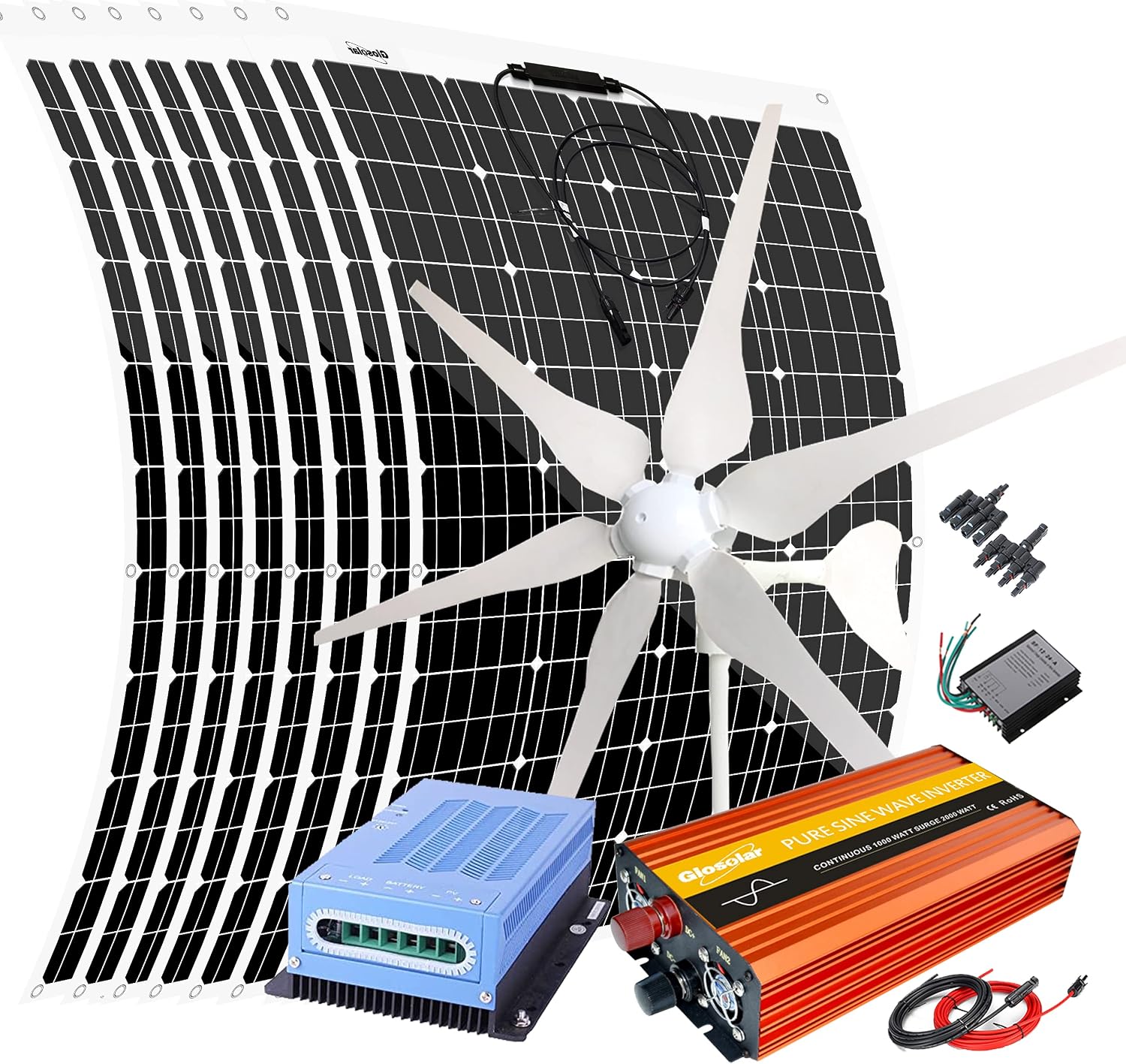 1360W 12V 24V Wind Solar Power Kit with 1000W Inverter: 400W Wind Turbine Generator with Controller + 8pcs 120W Flexible Solar Panels + Solar Regulator +Cable for Mobile Home Off Grid System