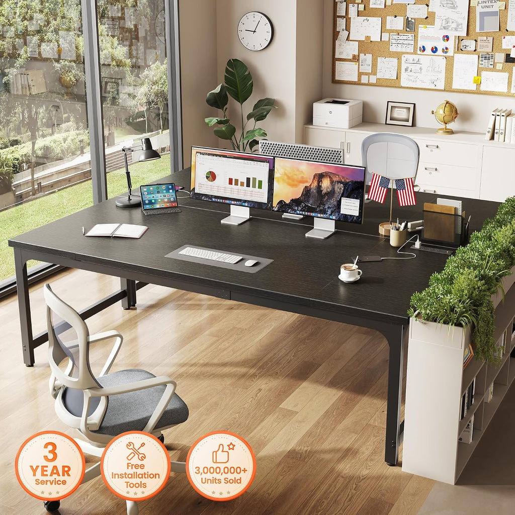 Huuger 71 x 31.5 Inch Desk with Power Outlets & USB-C, 0.95 Inch Thicker Desktop, Robust Metal Tubes, Deep Computer Desk, Heavy Duty Office Desk, Work Desk for Home Office, Black