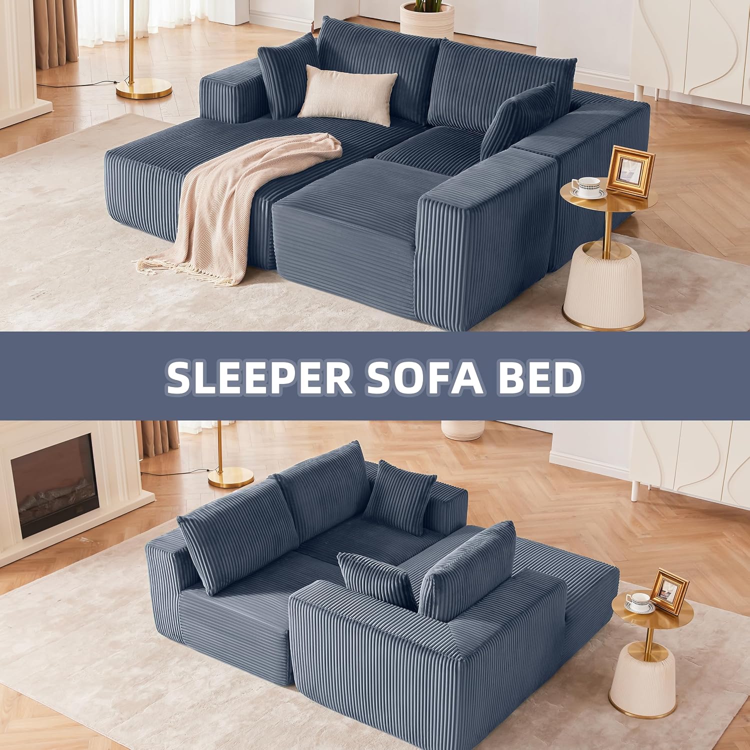 108' Modular Sectional Sofa, Cloud Sectional Couch with Deep Seat, Boneless Couches for Living Room Bedroom, Modern Modular L-Shape Sofa Couch with Chaise (Blue, Left Facing Chaise)