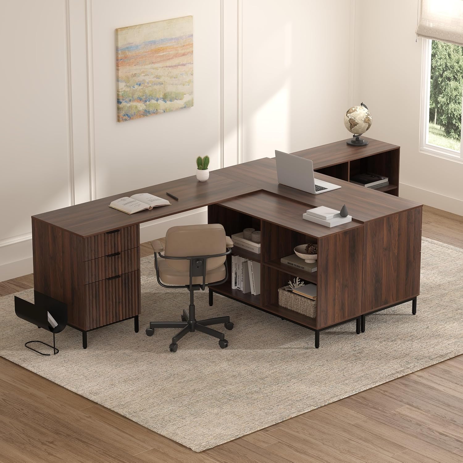 60' L Shaped Fluted Desk, Computer Desk with Movable Storage Cabinet Home Office Desk with 3 Drawers Metal Legs Corner Desk for Gaming Study, Brown