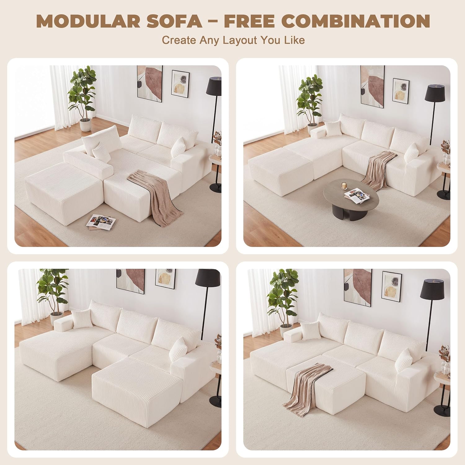 Weture 108' Modular Sectional Couches, Modern Modular U-Shape Sofa with Chaise, Cloud Sectional Couch with Deep Seat, Upholstered Boneless Sofa for Living Room (Corduroy, Beige)