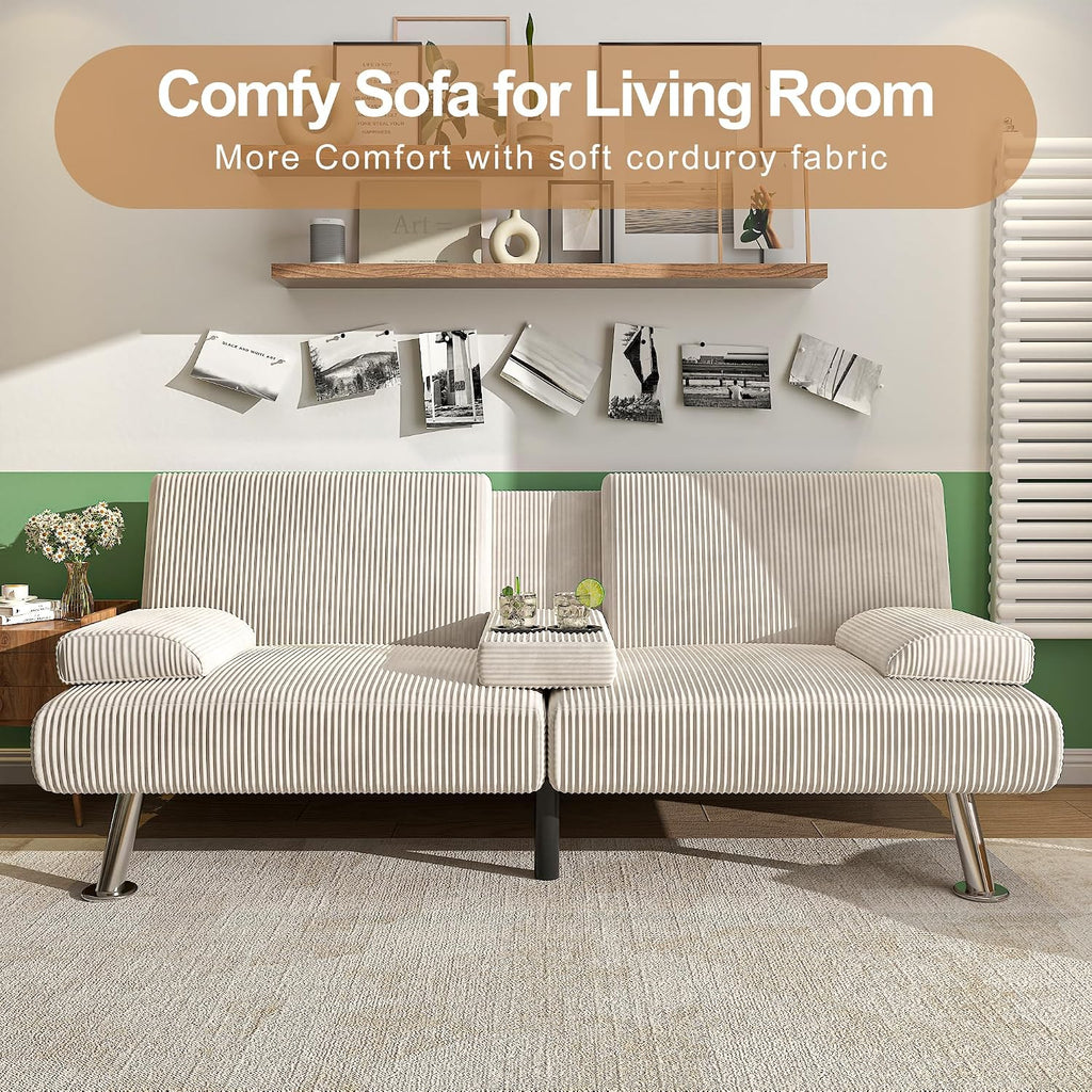 Shahoo Modern Upholstered Convertible Folding Futon Sofa Bed with Removable Armrests, Metal Legs, 2 Cup Holders for Living Room, Beige