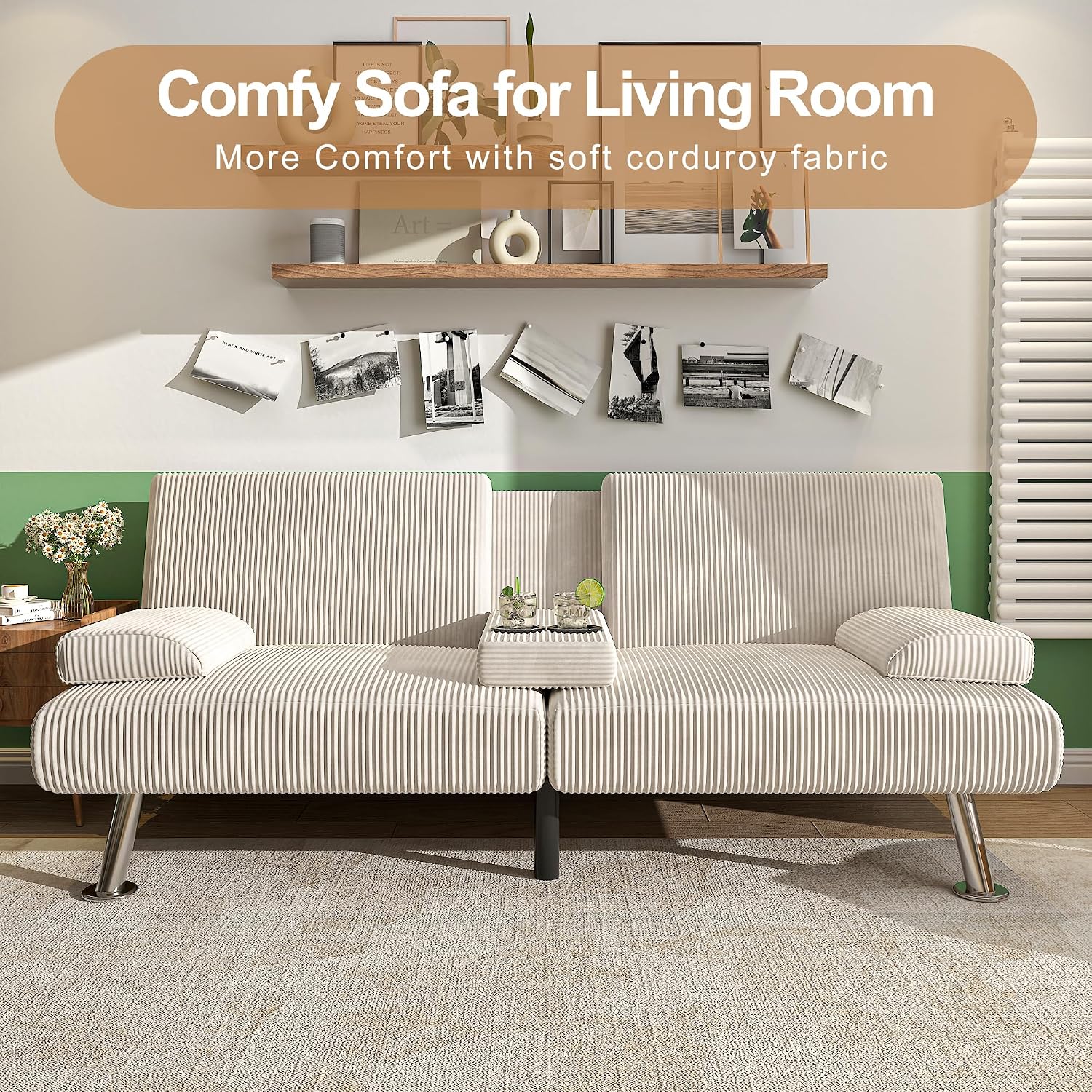 Shahoo Modern Upholstered Convertible Folding Futon Sofa Bed with Removable Armrests, Metal Legs, 2 Cup Holders for Living Room, Beige