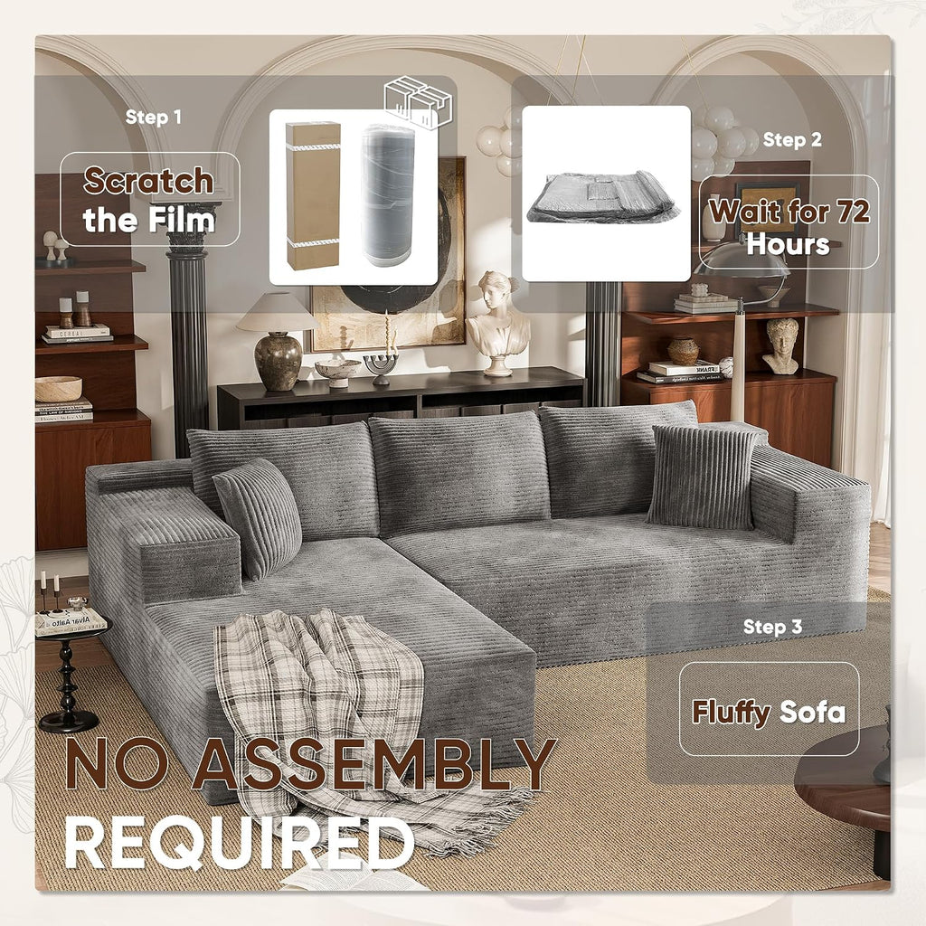 VICTONE 108' Cloud Sectional Couches, Boneless Couch Modular L-Shaped Sofa with Deep Seat, Modern Comfort Upholstered Sofas for Living Room, No Assembly Required (Corduroy, Grey)