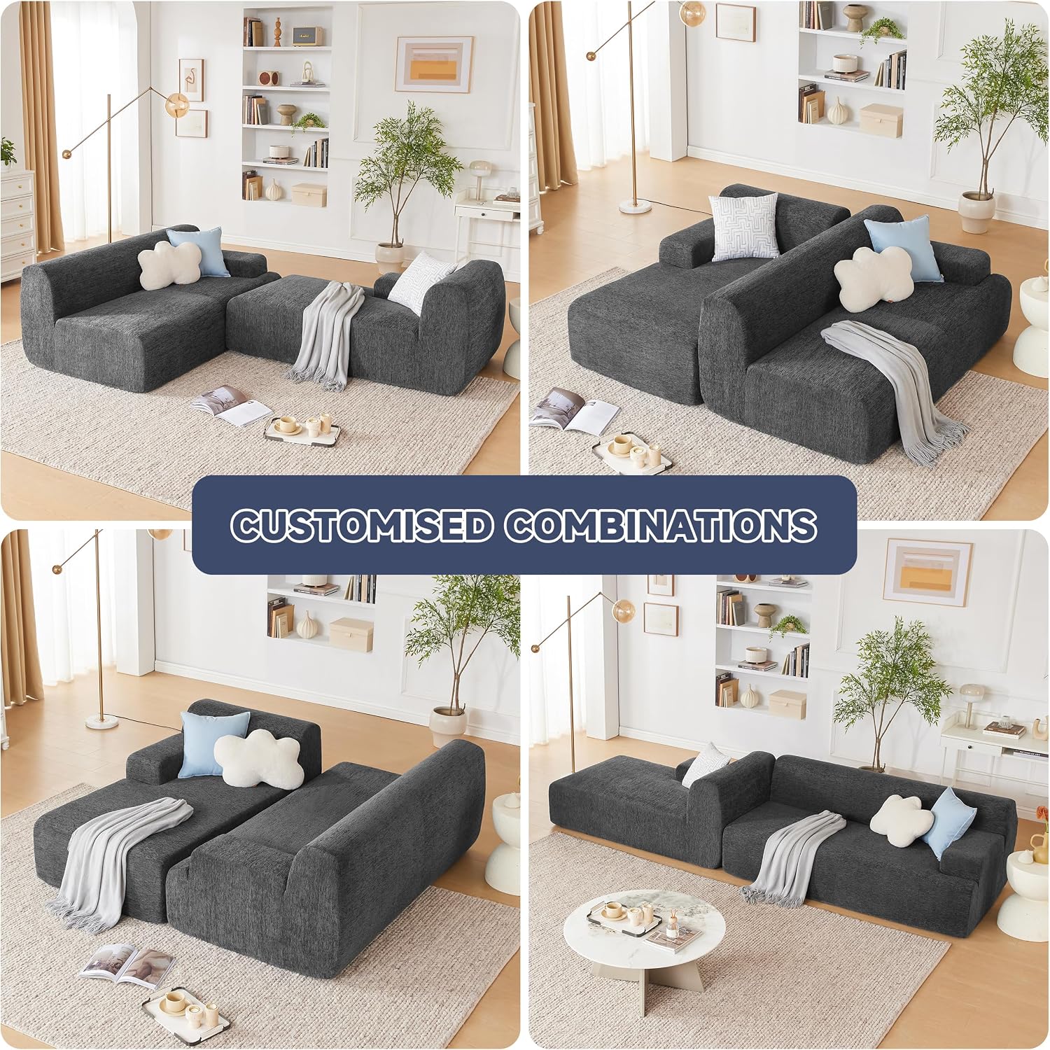 Weture 107' Modular Sectional Cloud Couch, Boneless couches Sponge sectionals for Living Room, High Density Sponges Sofa, Modular L-Shape with Chaise, Darkgrey
