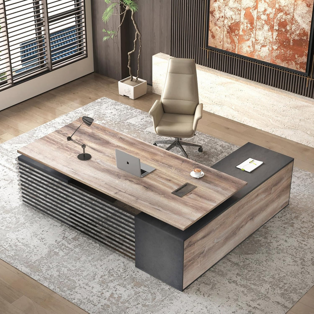 SAINTCY 78.74In L Shaped Executive Standing Desk with Drawers, Large Modern Adjustable Heigh Home Office Desk w/File Cabinet, AC/USB, Business Workstation, Black and Warm Oak