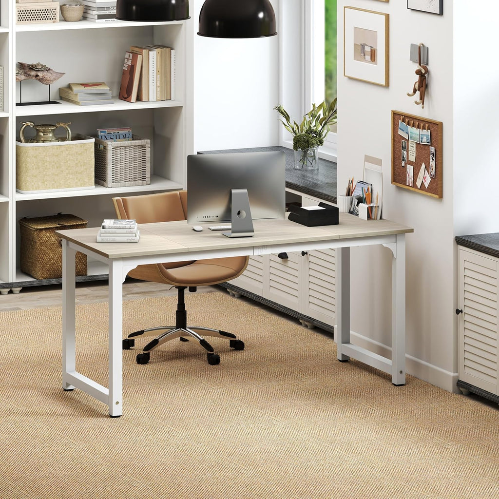 NSdirect Large Office Desk for Home Office, Large 63' Computer Desk Table, Wide Writing Study Desk for 2 Person, Metal Sturdy Frame Thicker Steel Legs, (White Oak, 63'L x 23.6'W x 29.5'H)
