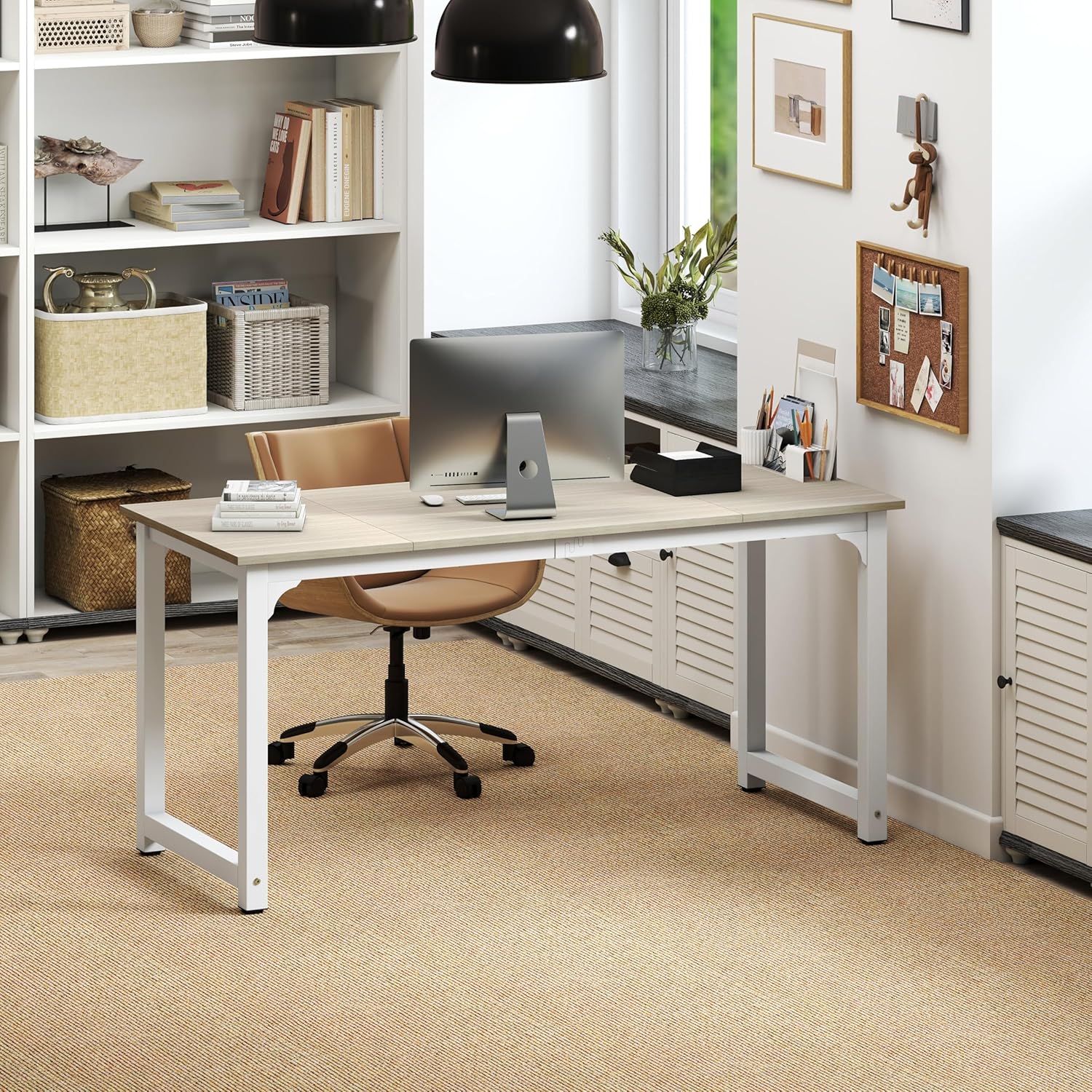 NSdirect Large Office Desk for Home Office, Large 63' Computer Desk Table, Wide Writing Study Desk for 2 Person, Metal Sturdy Frame Thicker Steel Legs, (White Oak, 63'L x 23.6'W x 29.5'H)