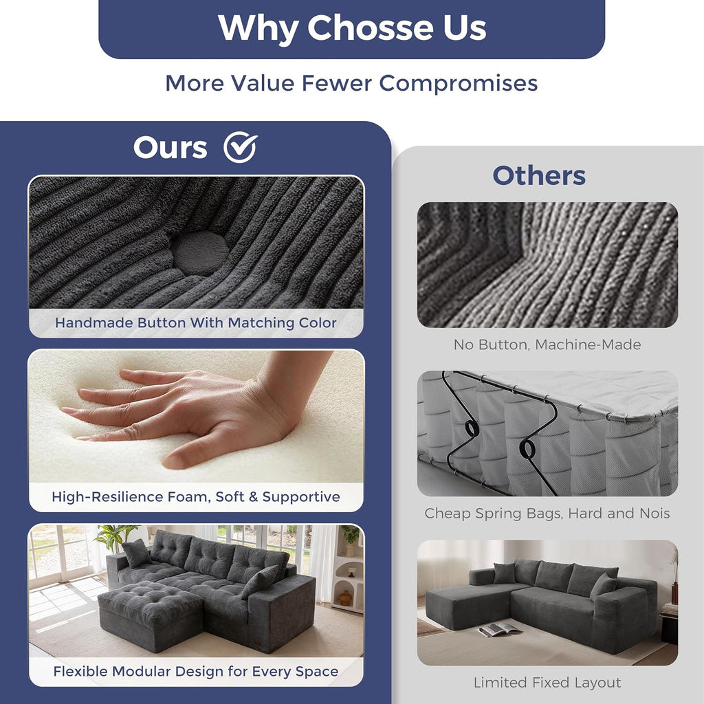 MAXYOYO 104' L Shaped Modular Sectional Sofa with Ottoman, Cloud Boneless Couch with Layered Cushion, Upholstered Sofa Flexible Module Combination for Living Room, No Assembly, Dark Grey