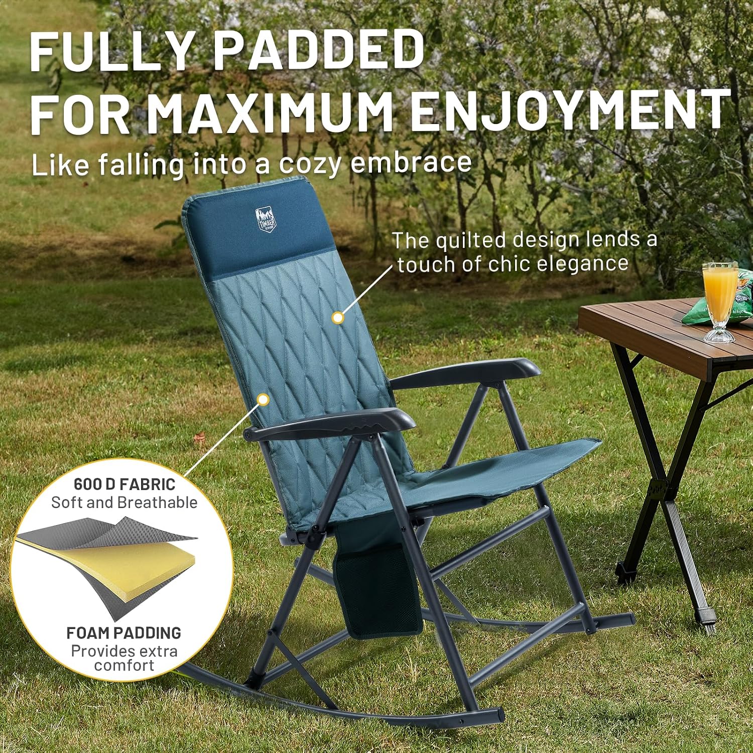 Timber Ridge 3-Level Adjustable Rocking Camping Chair, Ergonomic Padded High Back, Supports 300 LBS, Stable Anti-Tip Rocker, Hard Armrests for Easy Standing, Portable for Patio, Lawn & Tailgating