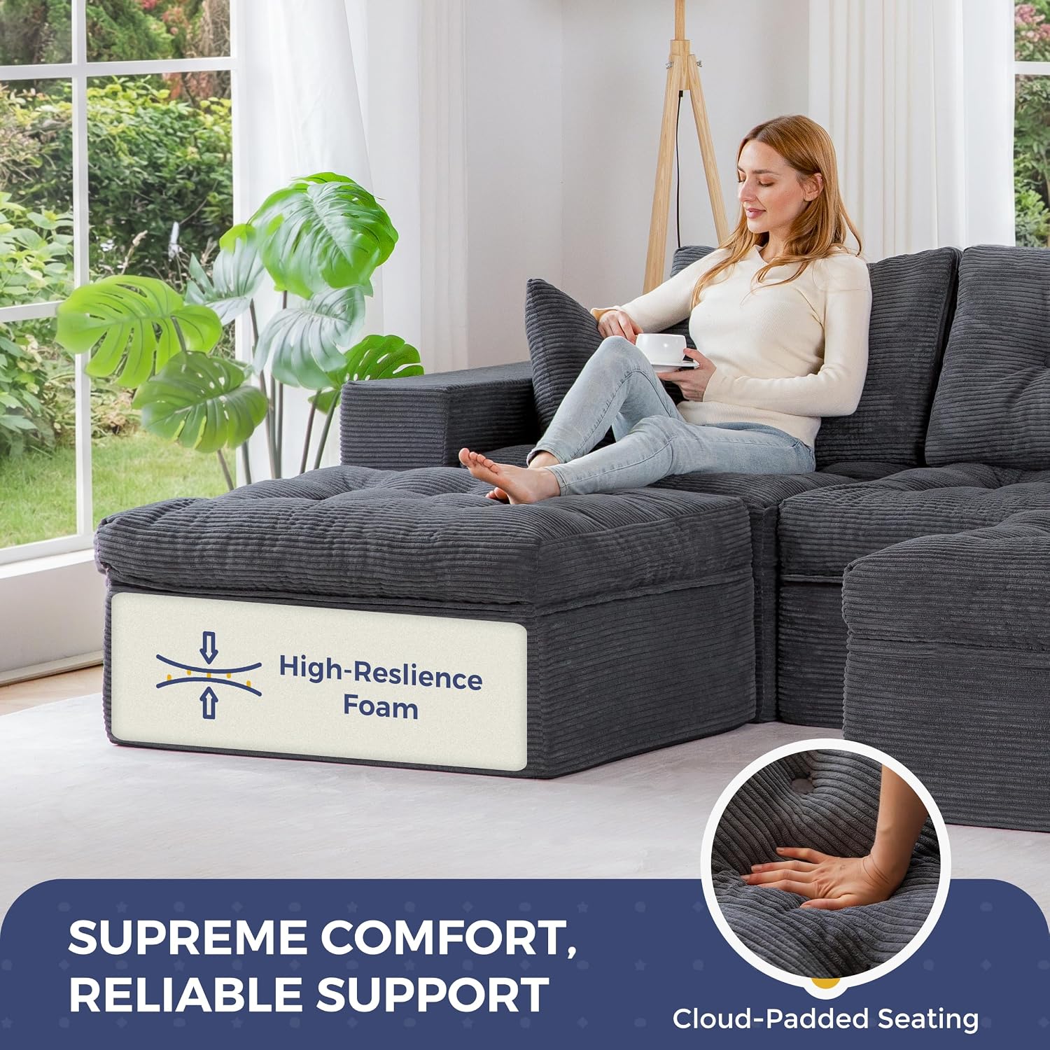 MAXYOYO 104' U Shaped Modular Sectional Sofa with 2 Ottomans, Cloud Boneless Couch with Layered Cushion, Flexible Module Combination Sofa for Living Room, No Assembly Required, Dark Grey