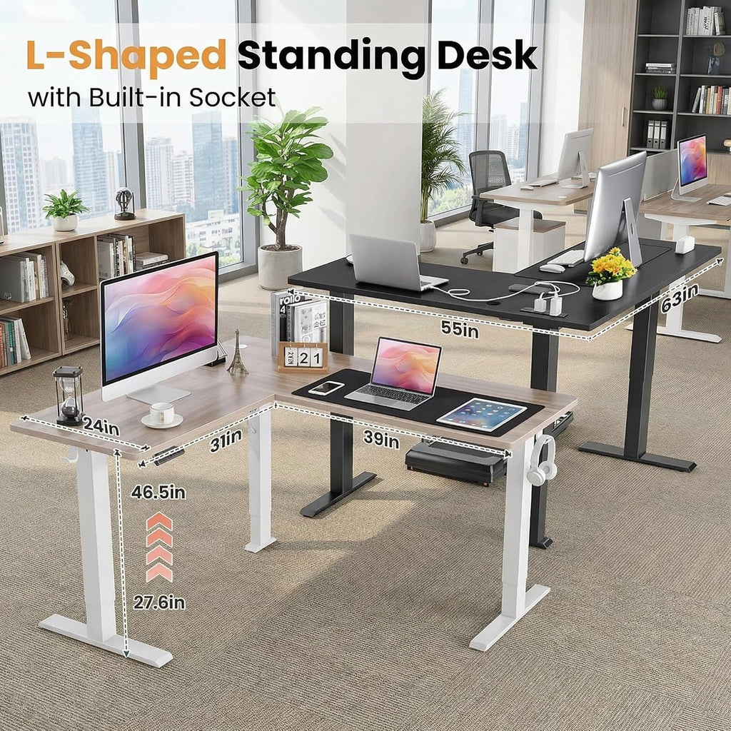 63' L Shaped Standing Desk with Charging Station,Supports Left and Right Swapping,Electric Height Adjustable Corner Stand Up Desk.Free Hook, Lockable Wheels,Mouse Pad,Oak