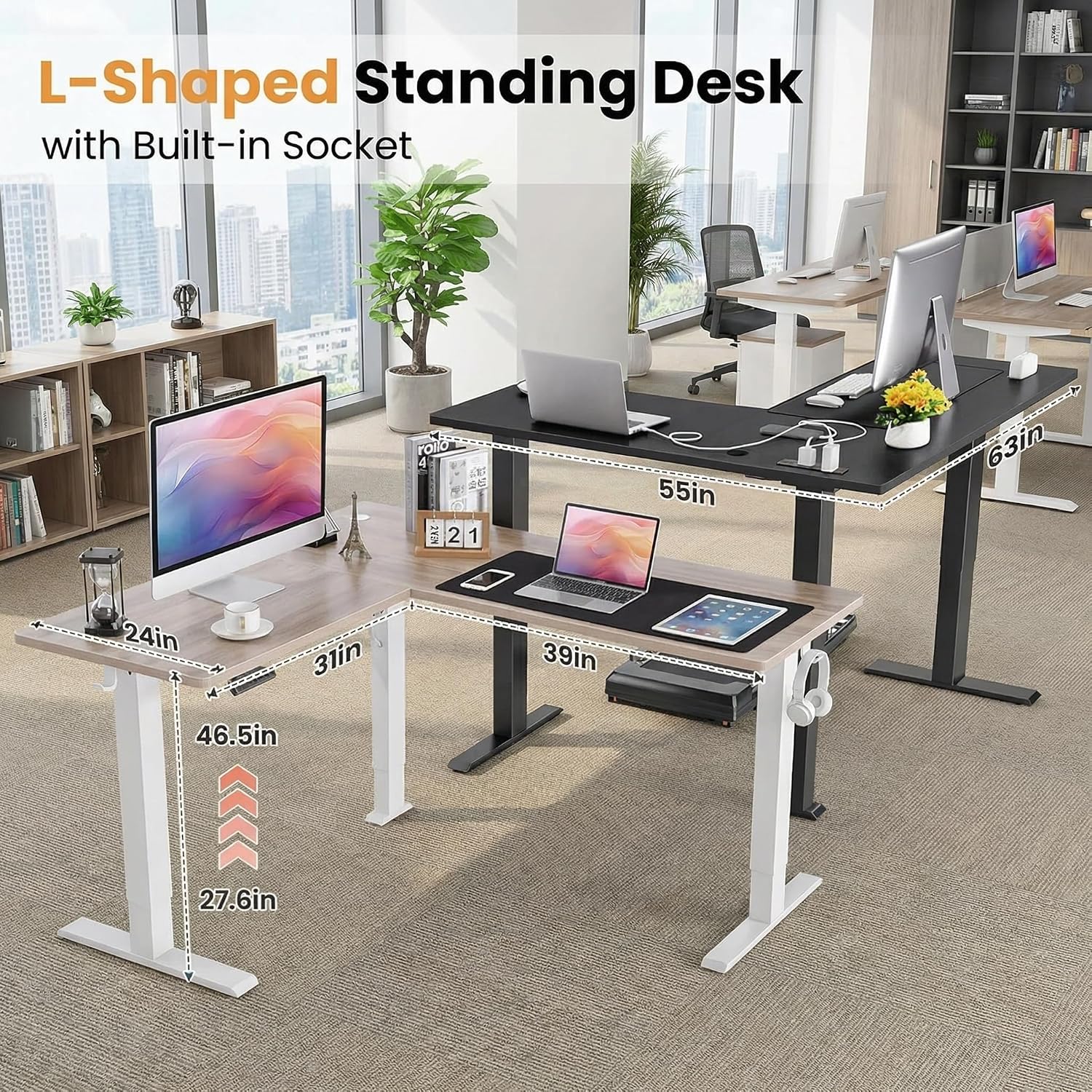 63' L Shaped Standing Desk with Charging Station,Supports Left and Right Swapping,Electric Height Adjustable Corner Stand Up Desk.Free Hook, Lockable Wheels,Mouse Pad,Oak