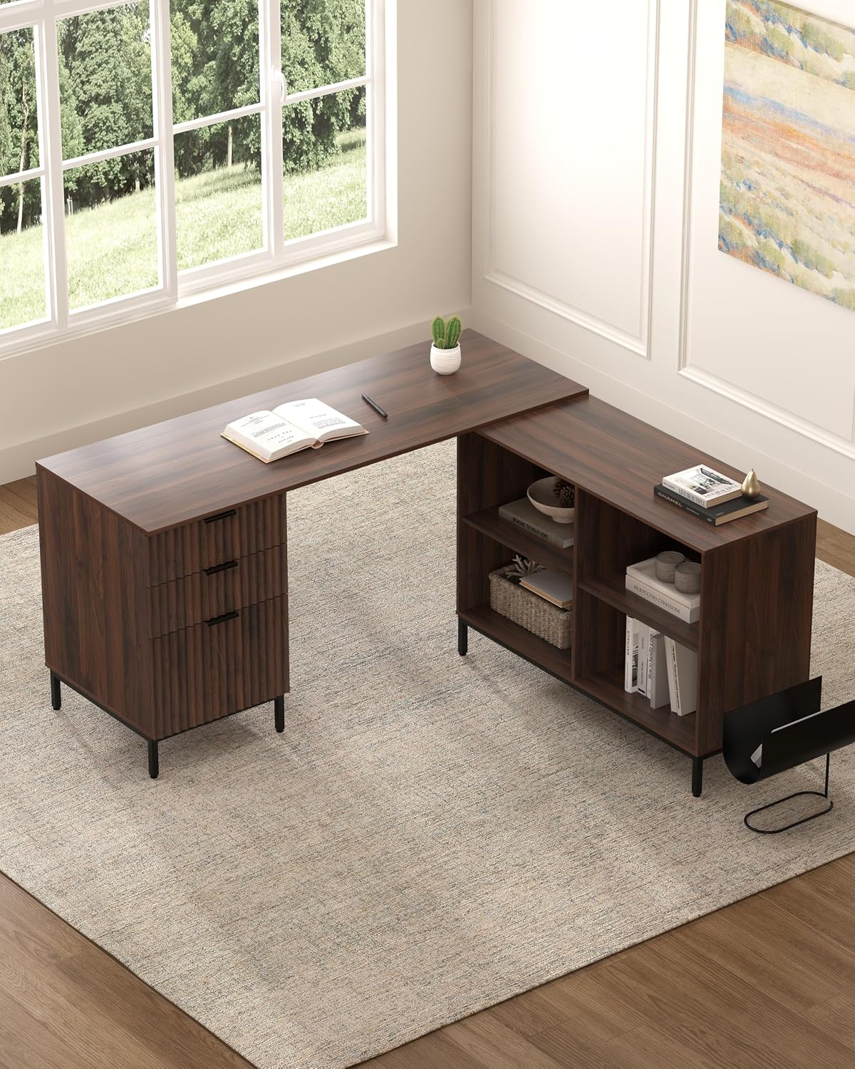 60' L Shaped Fluted Desk, Computer Desk with Movable Storage Cabinet Home Office Desk with 3 Drawers Metal Legs Corner Desk for Gaming Study, Brown