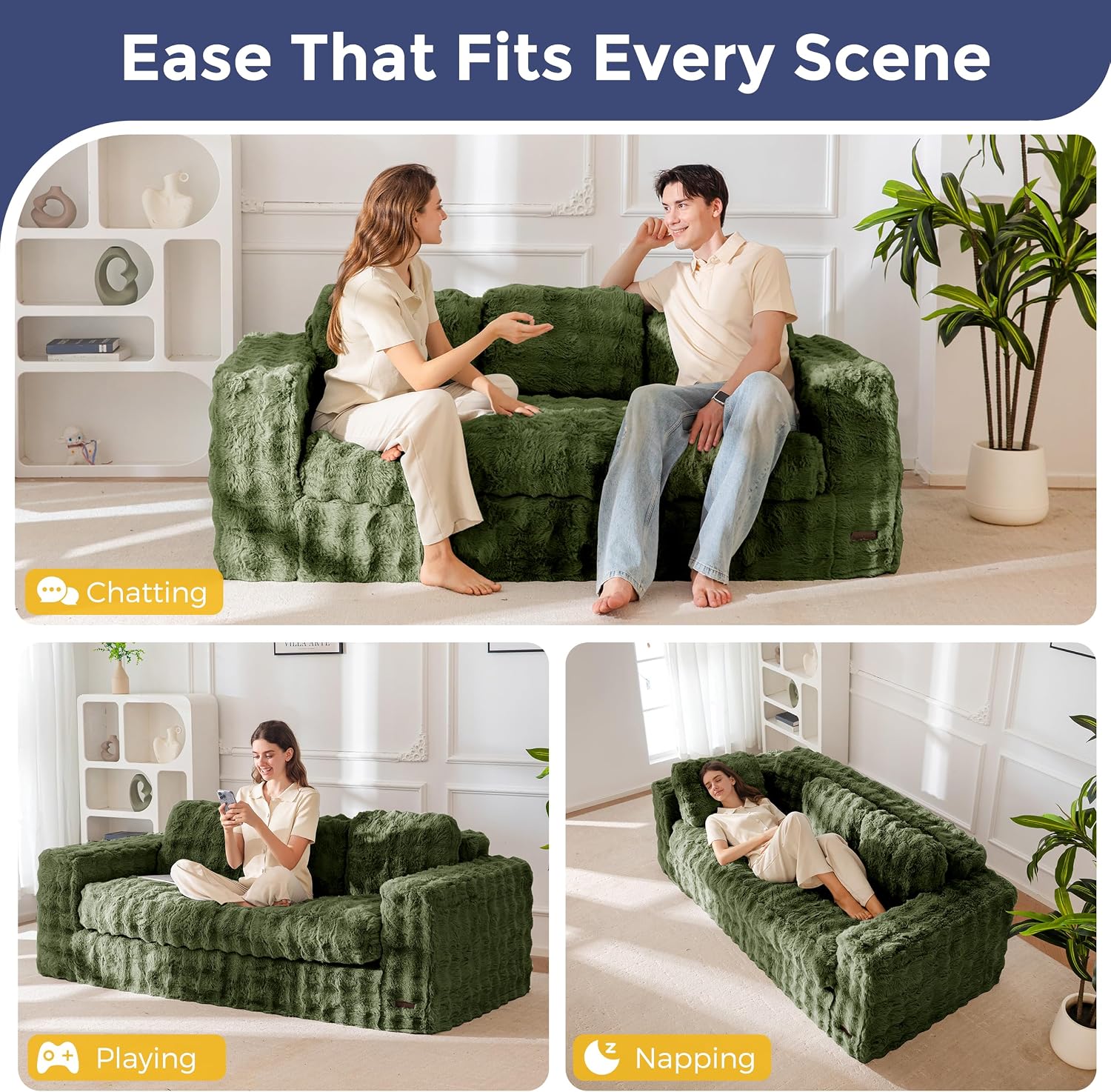 MAXYOYO 3-Seater Boneless Sofa Couch, Modern Bubbled Sofa for Living Room, Soft Bean Bag Chair High-Density Foam Couch with Pillows, No Assembly Required
