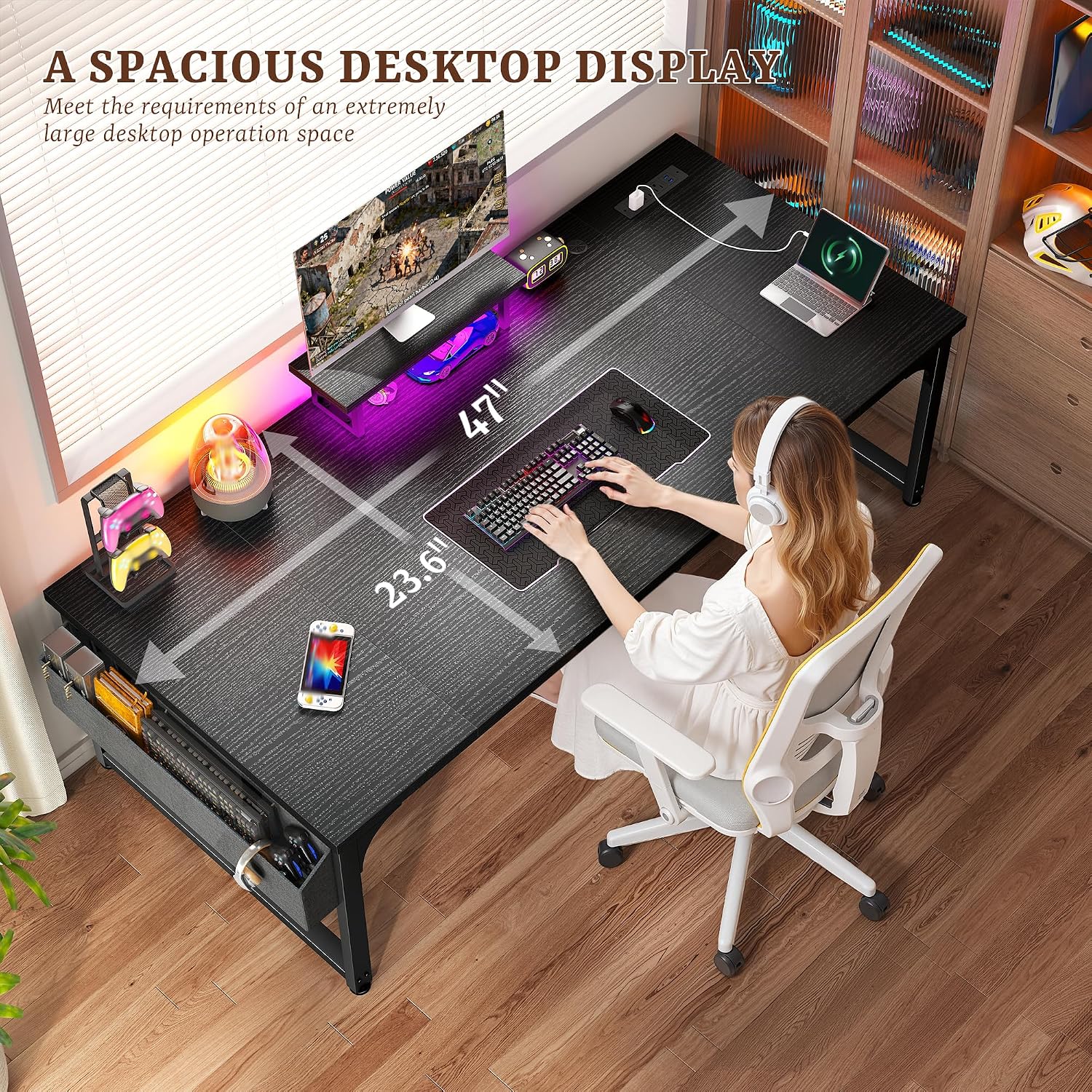 DurayLoly Gaming Desk with Power Outlets & LED Light, Computer Desk with Monitor Stand & 0.95inch Thicker Desktop & Storage Bag, Writing Desk for Home Office, Study, Bedroom, Black