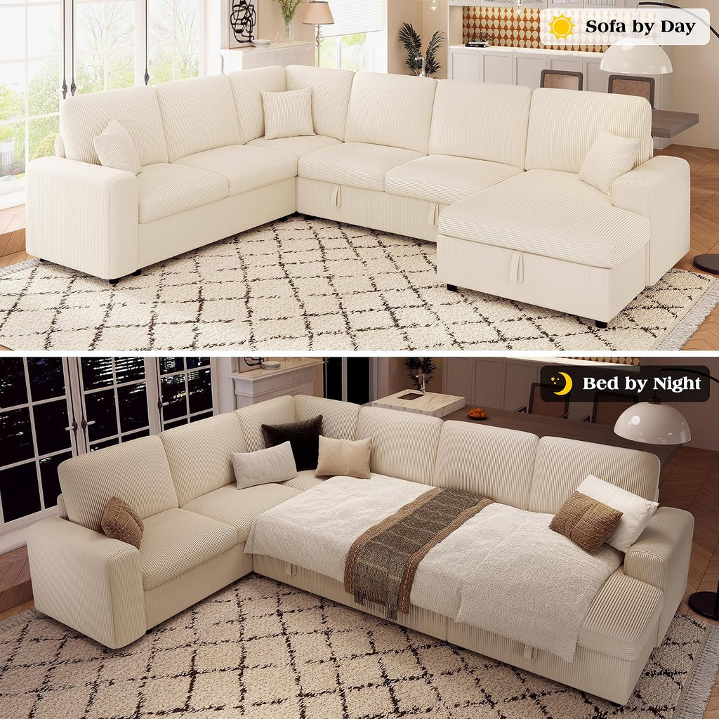 VanAcc 130' Sofa Bed, Sectional Sleeper Sofa with Pull Out Bed, Sleeper Couch with Storage, 6 Seater Couch for Living Room, Corduroy Off-White