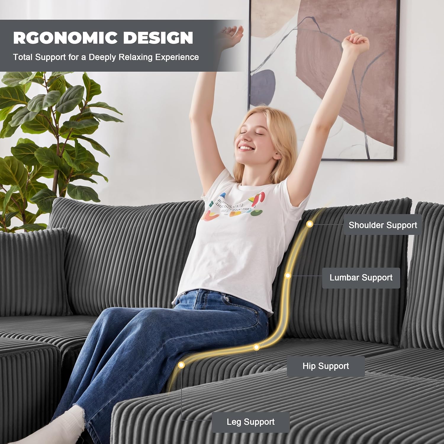 Weture 107' Modular Sectional Sofa, L-Shaped Boneless Couch with Deep Seat, Cozy Cloud Couch Sectional with Convertible Ottoman, Modern Sectional Couches for Living Room, No Assembly, Darkgray
