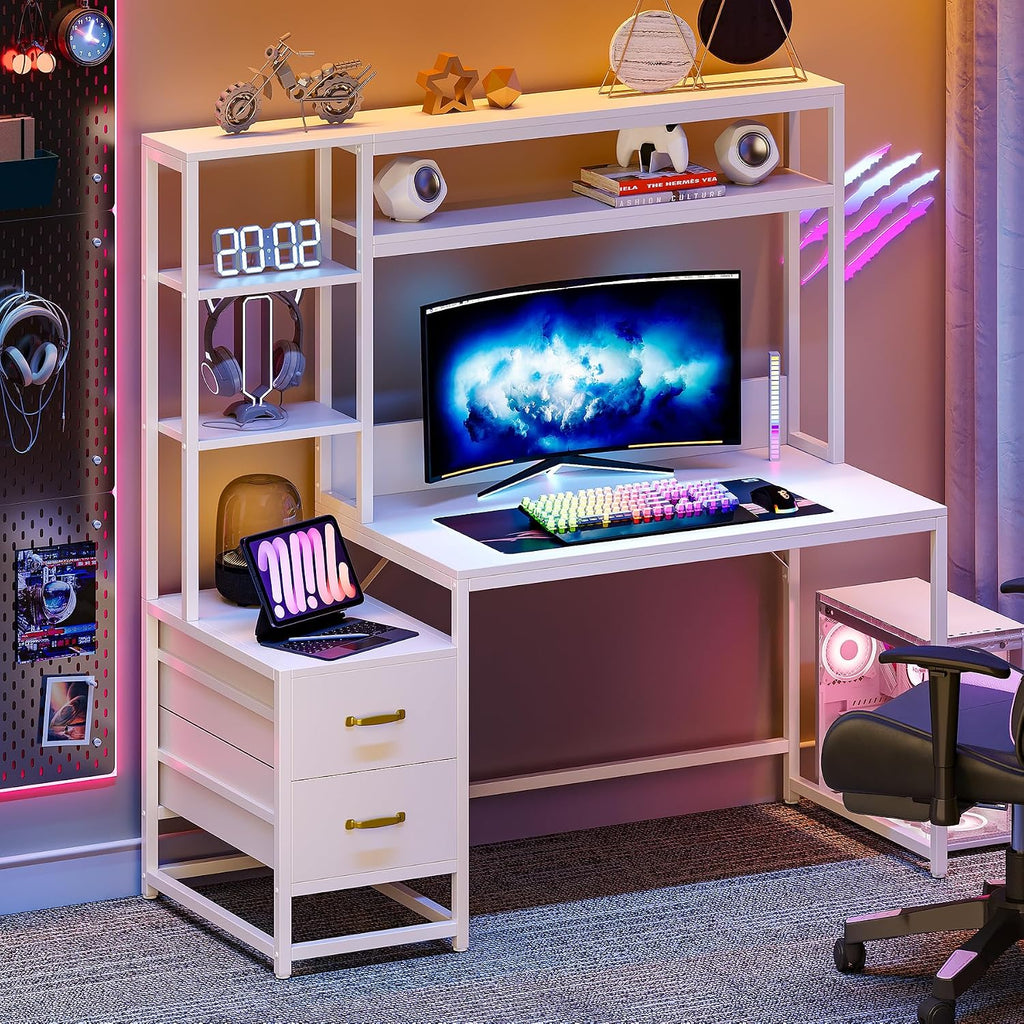 LITTLE TREE White Computer Desk with Drawers and Hutch, 55' Gaming Desk with Storage Shelves, Modern Wooden Study Writing Desk for Bedroom Home Office