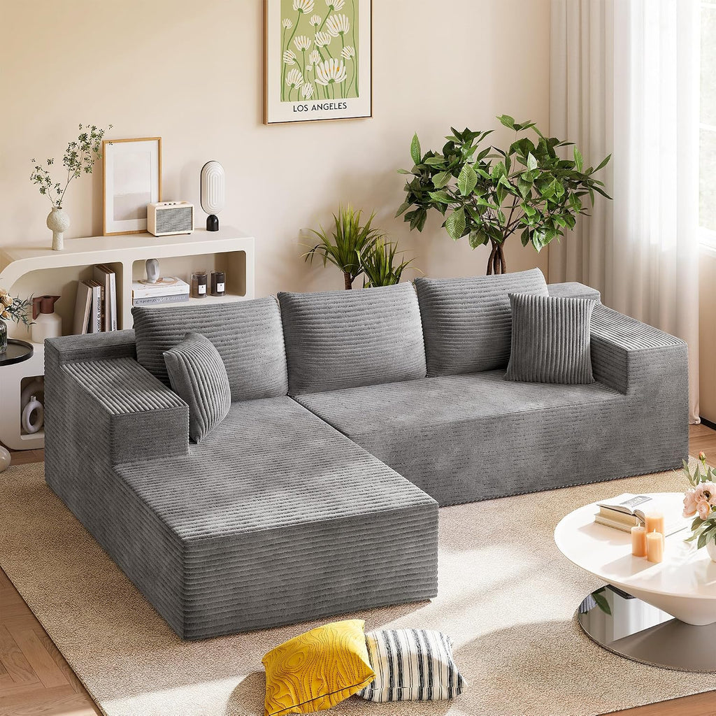 Homall 108' Modular Sectional Sofa, Boneless Couch with L-Shape Chaise, Cloud Couch with Deep Seat Upholstered, No Assembly Required for Living Room, Bedroom (Corduroy, Grey)