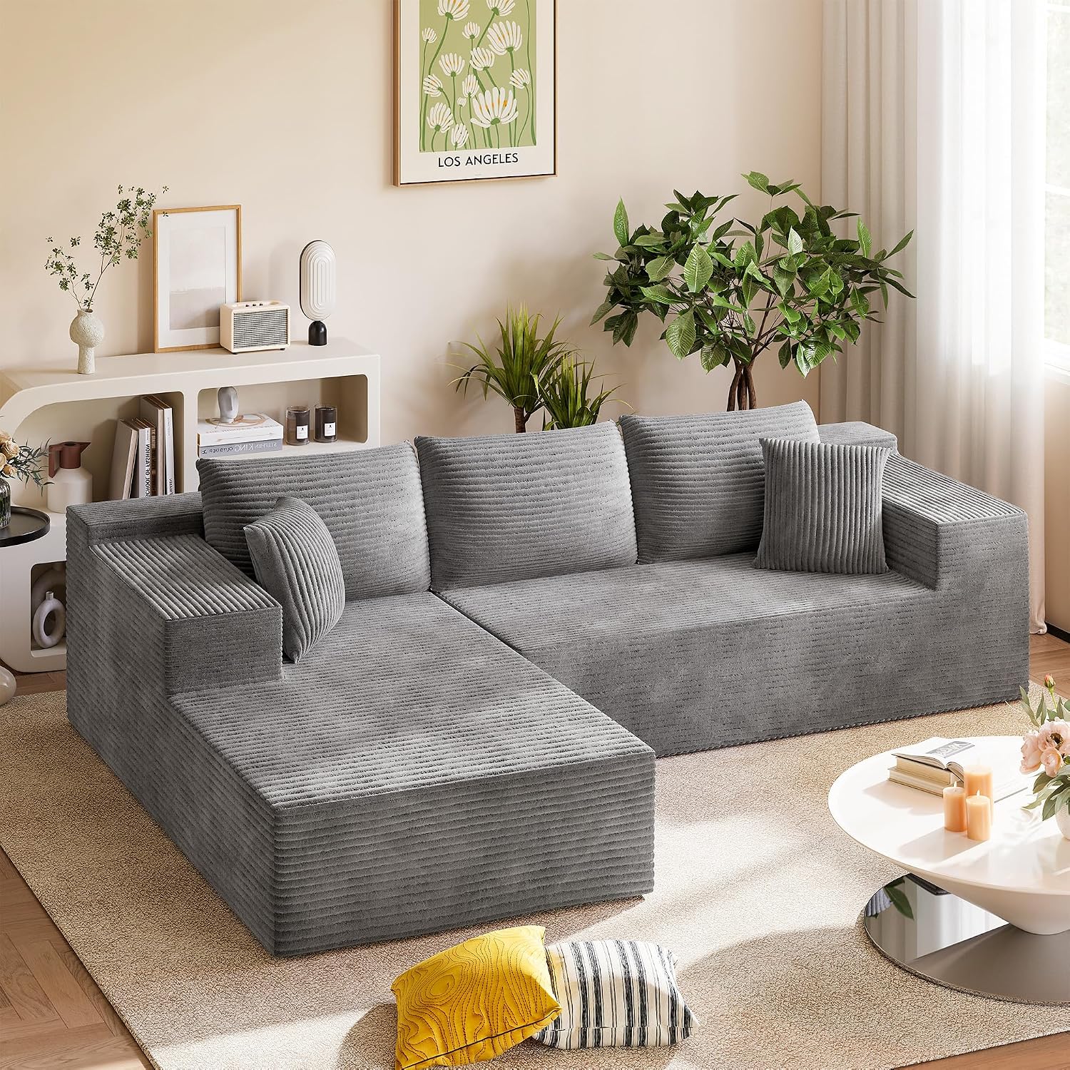 Homall 108' Modular Sectional Sofa, Boneless Couch with L-Shape Chaise, Cloud Couch with Deep Seat Upholstered, No Assembly Required for Living Room, Bedroom (Corduroy, Grey)