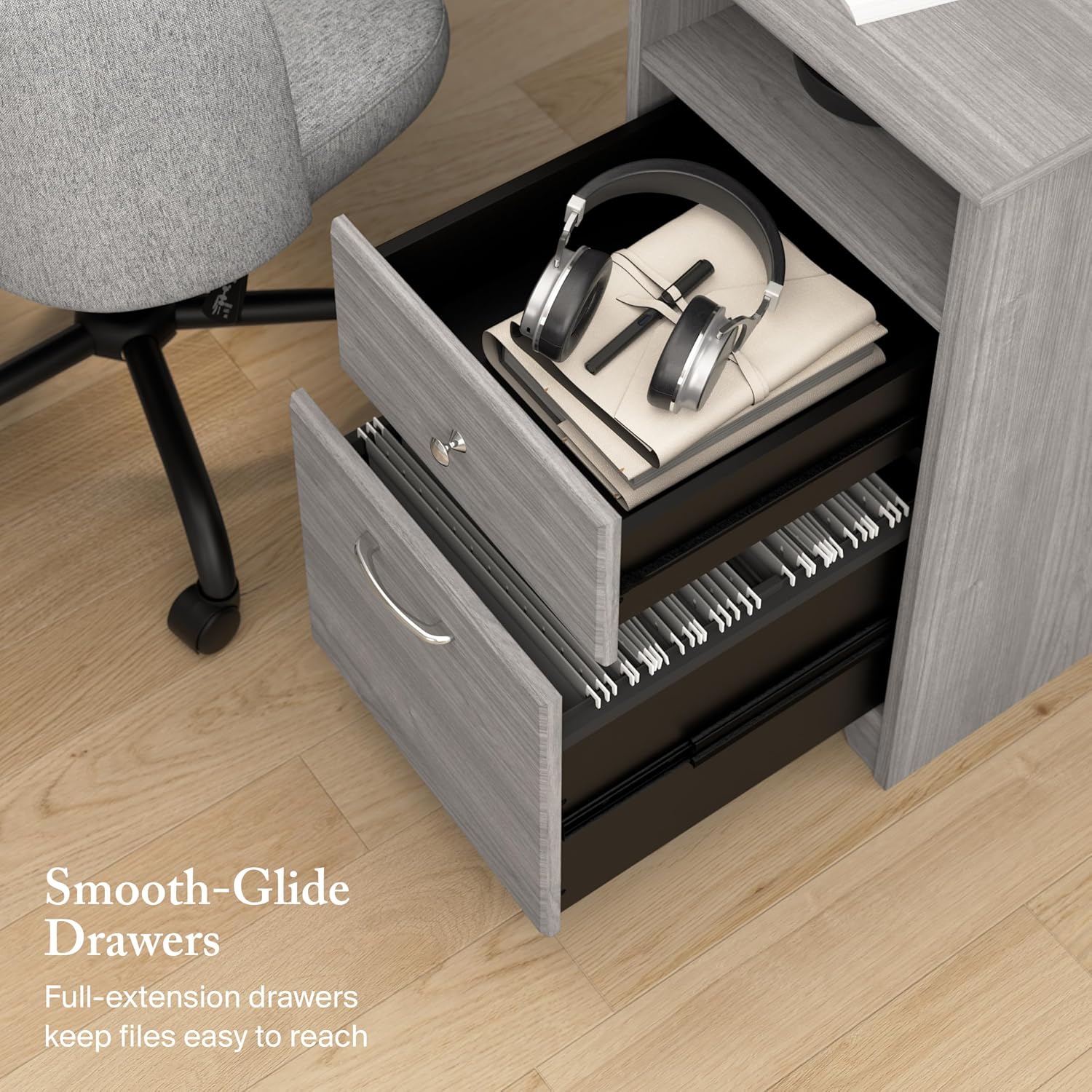 Bush Home Cabot 60W L Shaped Computer Desk with Storage in Modern Gray, 60-inch Corner Table with Drawers for Home Office Workspace