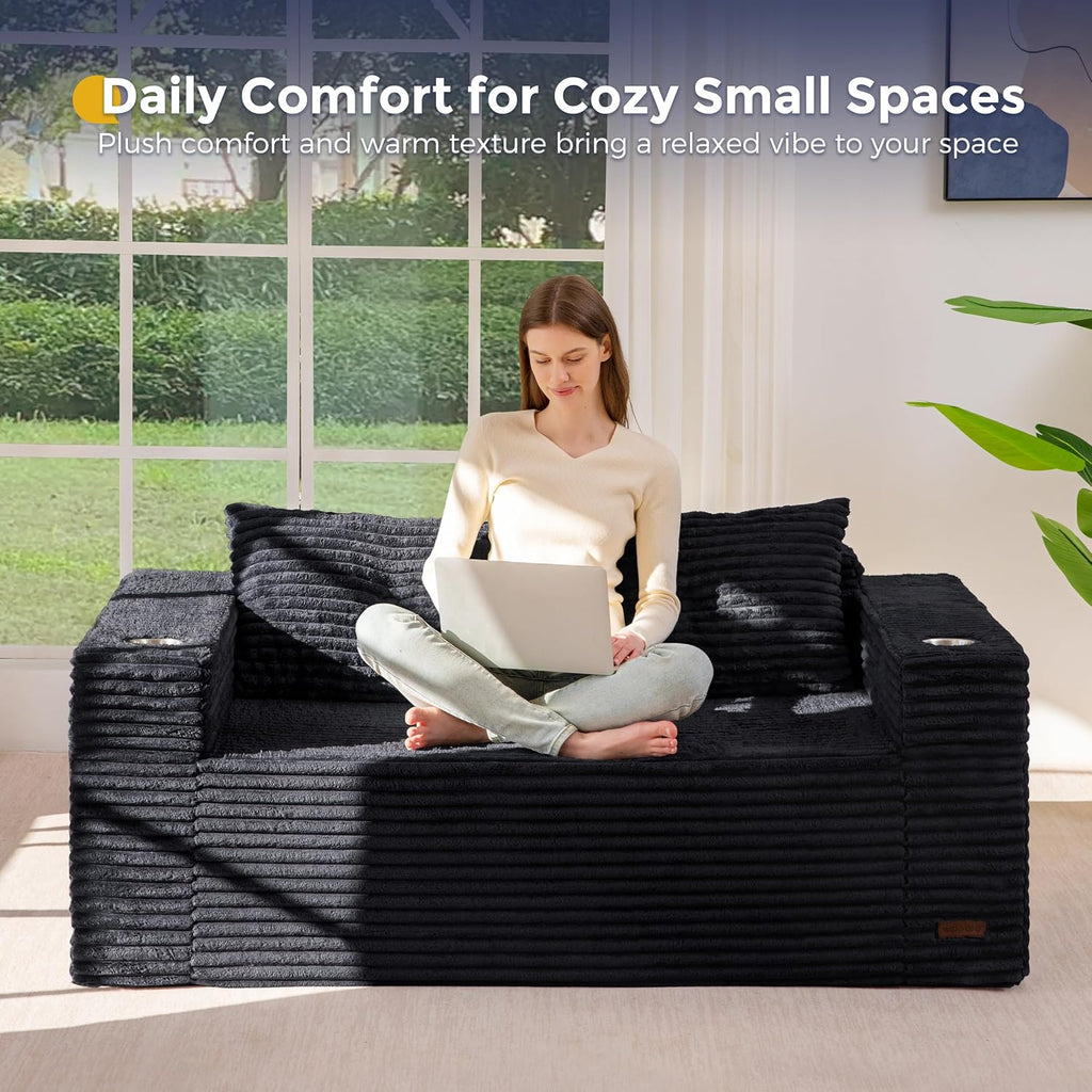 MAXYOYO 63' Boneless Loveseat Sofa Couch for Small Spaces, Mini Love Seat Floor Couch with Cup Holders and Pillows, 2-Seater Upholstered Cloud Couch for Bedroom Apartment, No Assembly Required
