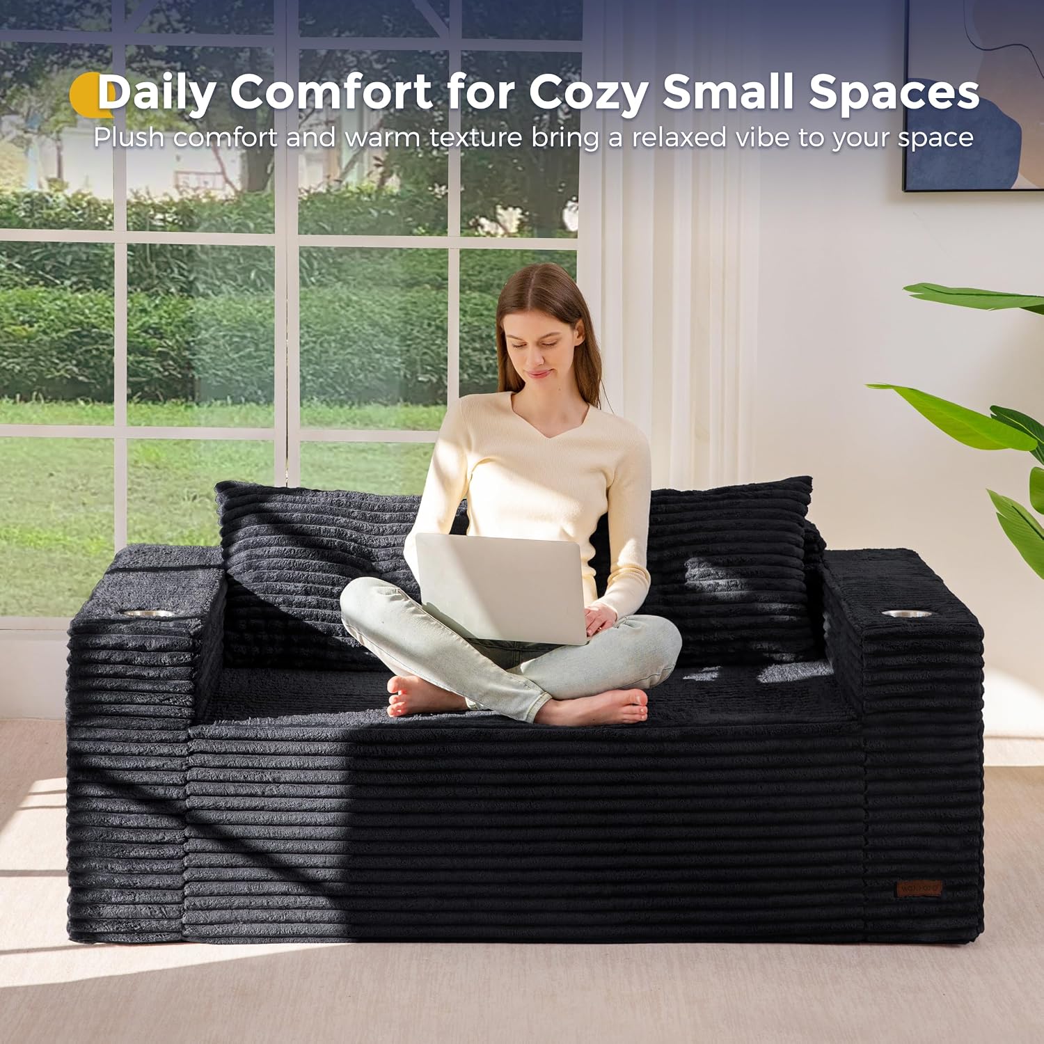 MAXYOYO 63' Boneless Loveseat Sofa Couch for Small Spaces, Mini Love Seat Floor Couch with Cup Holders and Pillows, 2-Seater Upholstered Cloud Couch for Bedroom Apartment, No Assembly Required