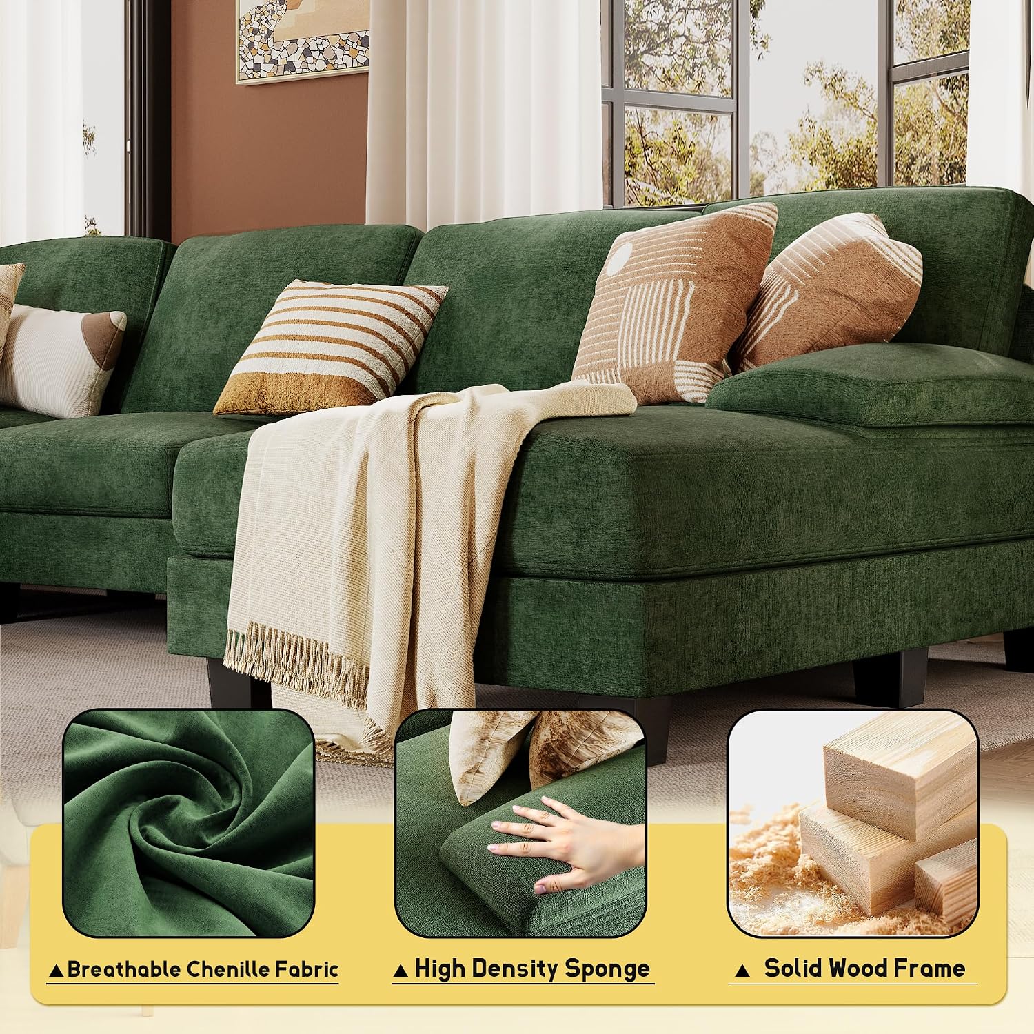 JUMMICO Sectional Couches for Living Room, U Shaped Couch with Chenille Fabric, 4 Seat Modern Sofa with Removable Pillows for Apartment and Small Space (Fabric, Green)