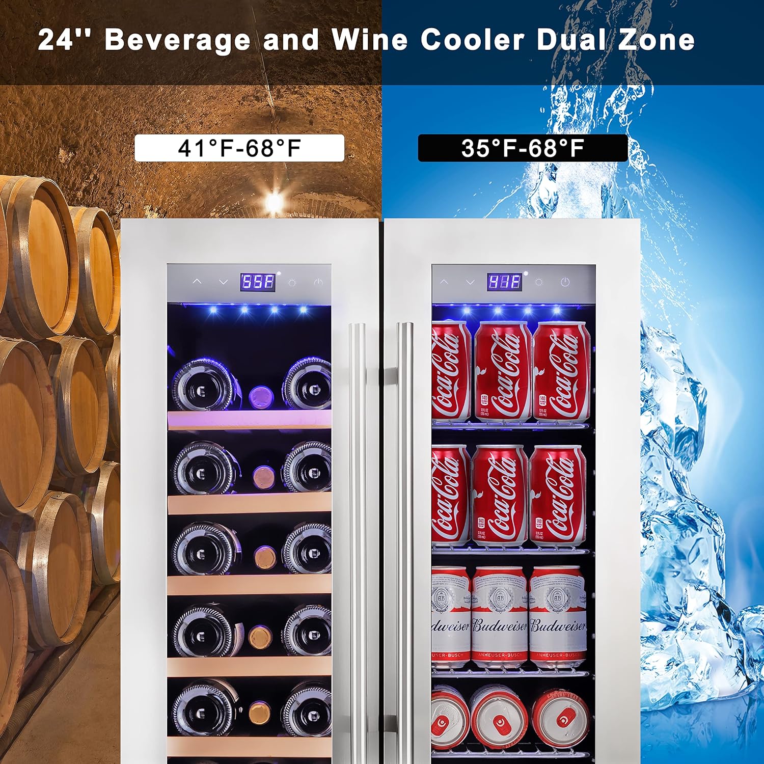 Cobalance 24 Inch Dual Zone Wine and Beer Refrigerator-72 Cans and 20 Bottles Cooler, & Single Bottle Wine Chiller,Built-in or Freestanding Fridge for Beer, Soda, Drinks, Home, Bar