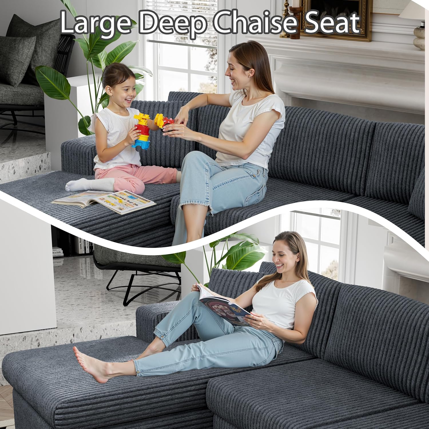 Shintenchi 105' Modular Sectional Sofa, Boneless L Shaped Couch with Deep Seat, Cloud Foam Couch with Oversized Chaise, Plush Cordurory Sofa No Assembly Needed for Living Room, Dark Gray