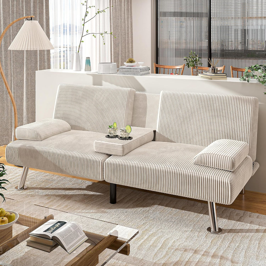 Shahoo Modern Upholstered Convertible Folding Futon Sofa Bed with Removable Armrests, Metal Legs, 2 Cup Holders for Living Room, Beige