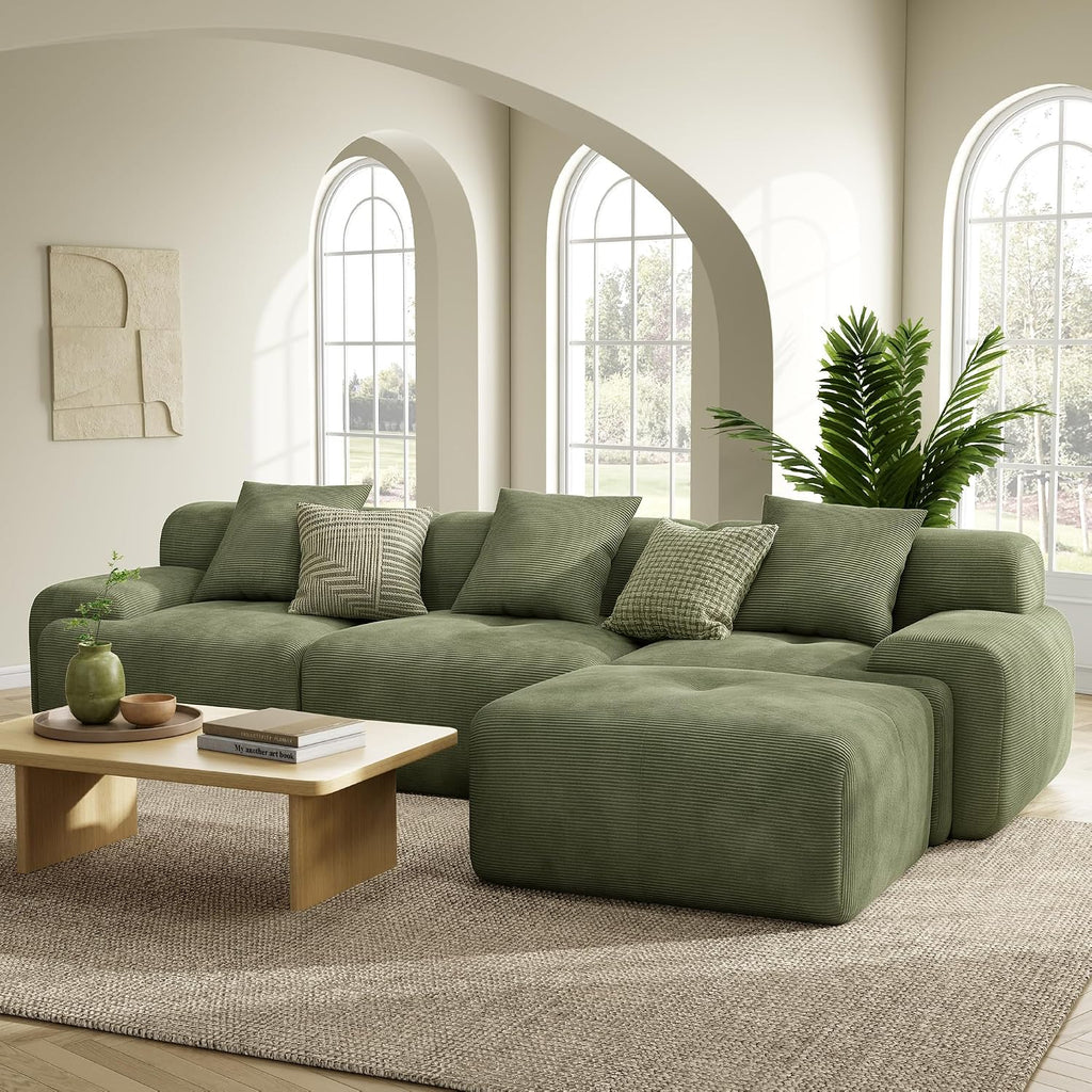 LIKIMIO LumiCord Modular Sectional Sofa with Ottoman, 118' L-Shaped Boneless Couch for Living Room, Oversized Deep Seat with Corduroy Upholstery, No Assembly Required, Olive Green