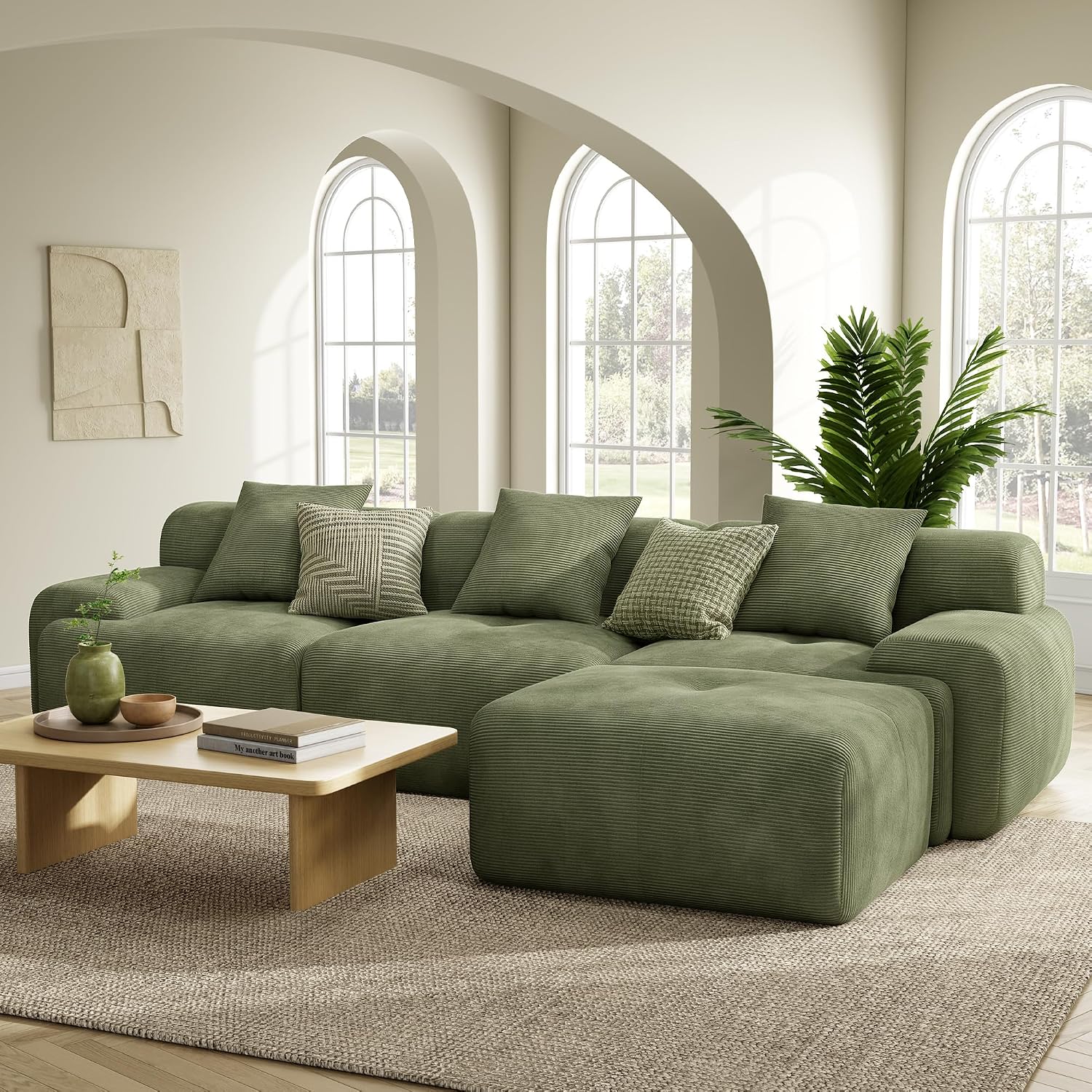 LIKIMIO LumiCord Modular Sectional Sofa with Ottoman, 118' L-Shaped Boneless Couch for Living Room, Oversized Deep Seat with Corduroy Upholstery, No Assembly Required, Olive Green