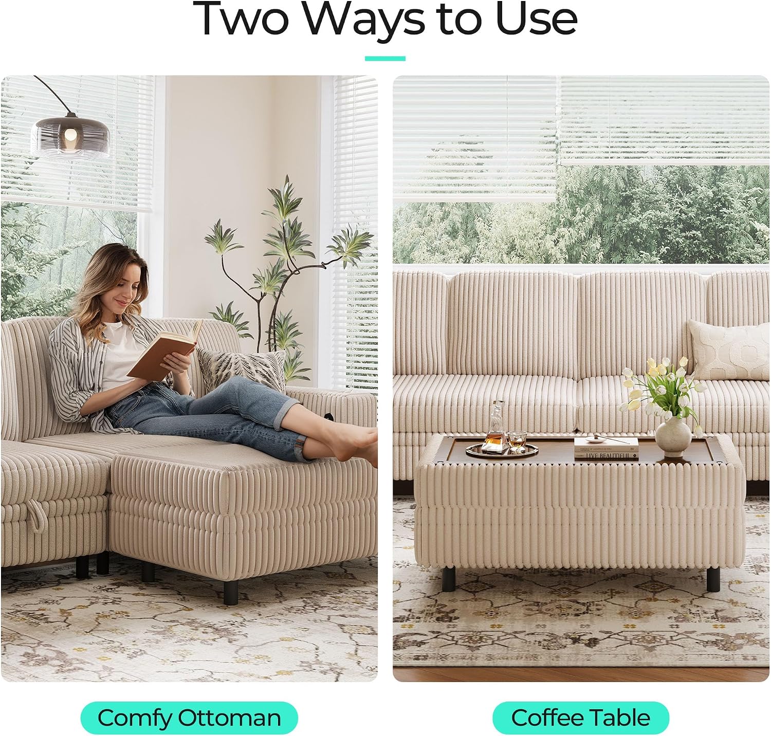 LINSY HOME Sectional Sleeper Sofa with Pull Out Couch Bed for Living Room (Beige) | Plush Corduroy, Storage Ottoman, Storage Chaise, Pull Out Couch, USB Charging