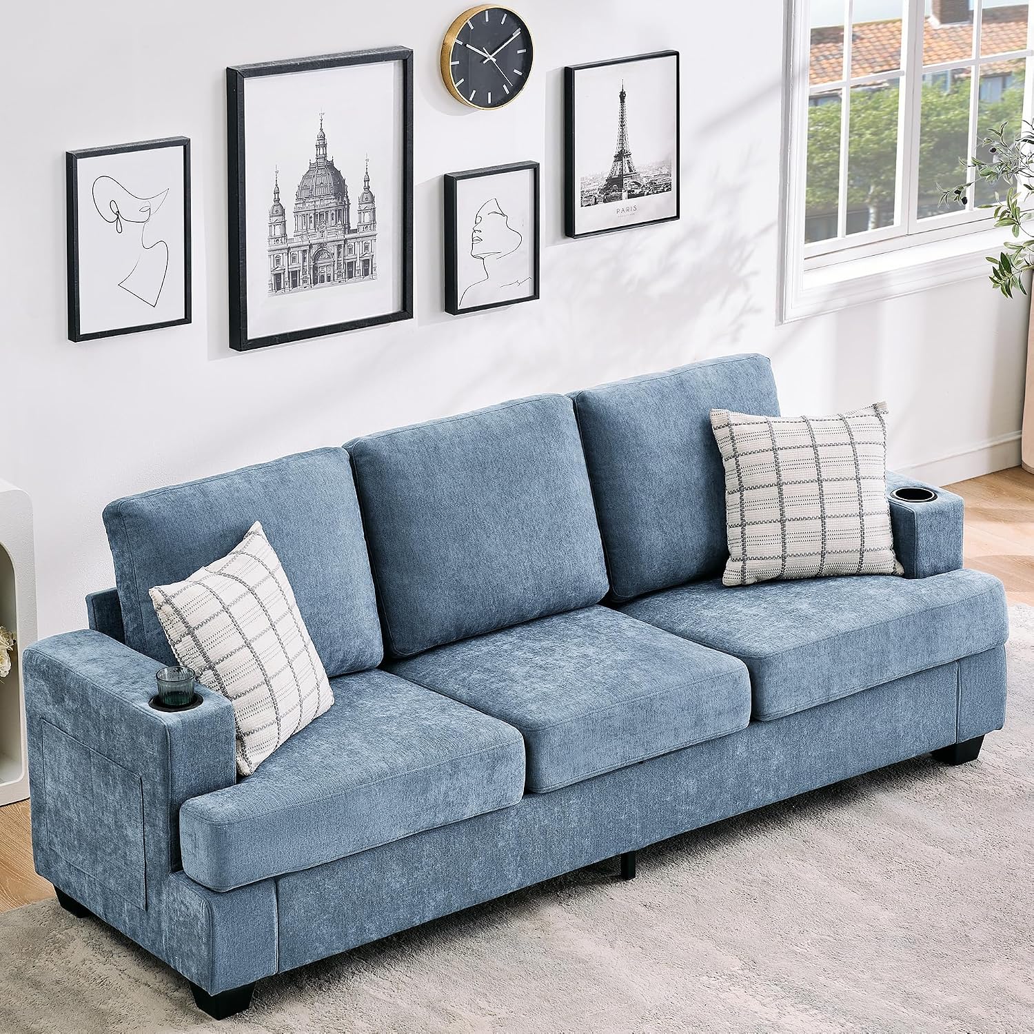 GarveeHome Modern 89 in 3-Seater Sofa for Living Room, Comfy Couches with Deep Seat, Chenille Couch with Cup Holders and Side Storage Pockets for Apartment Lounge, Blue